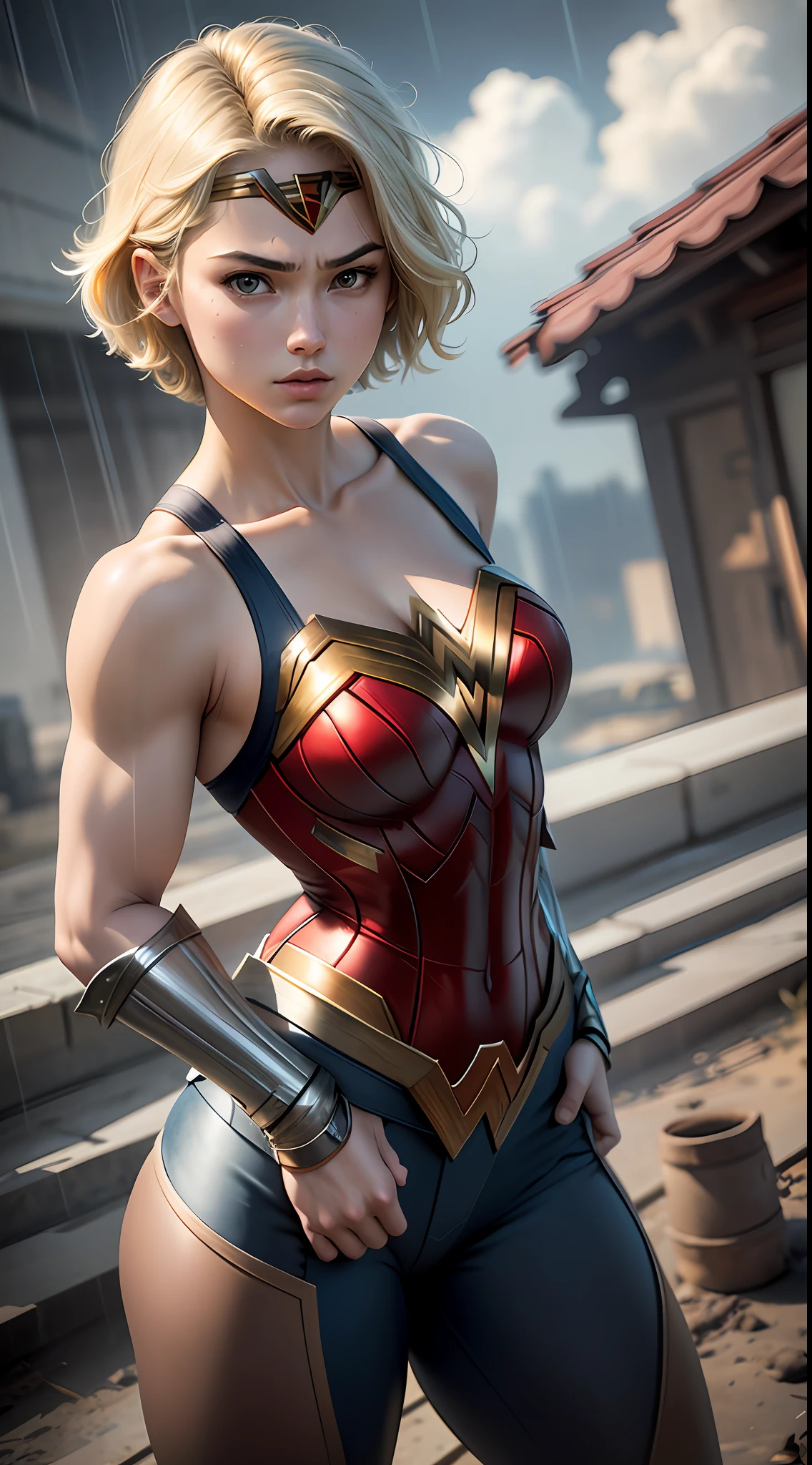 18-year-old girl, upper body, close-up, Wonder Woman suit, long pants, (((short hair))), blonde hair, beautiful face, fighting stance, rain, roof, masterpiece, exquisite details, perfect anatomy