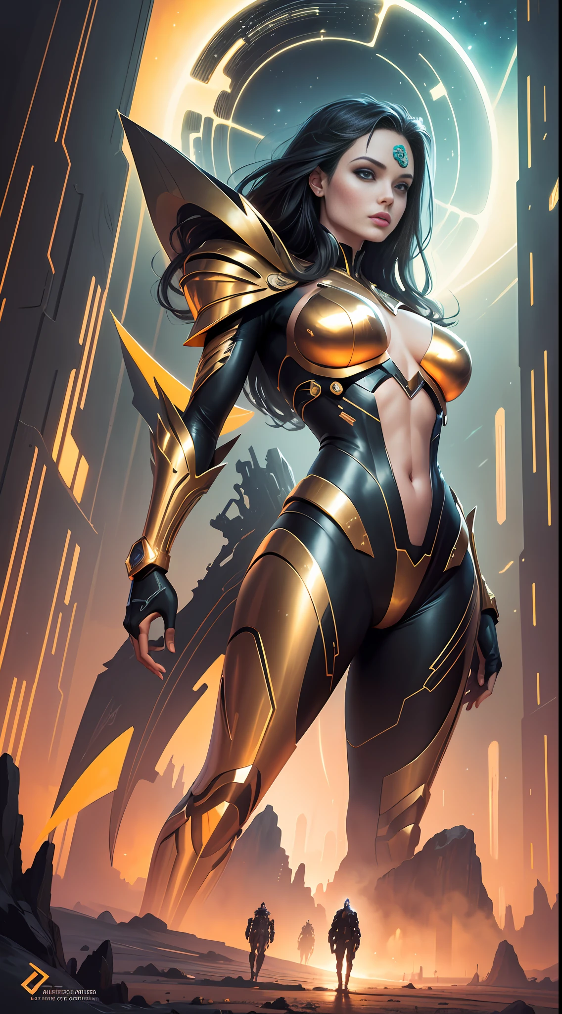High-tech metal material, futuristic natural scenery, Genesis sunset illuminated by golden lights, strong deterrent, neon lights; The illustration style is similar to Angelina Jolie's illustrations, and the whole painting is full of epic grandeur comparable to Frank Frazetta, solemn and tragic atmosphere, magnificent scenery shocking, showing magnificent scenes. --auto --s2
