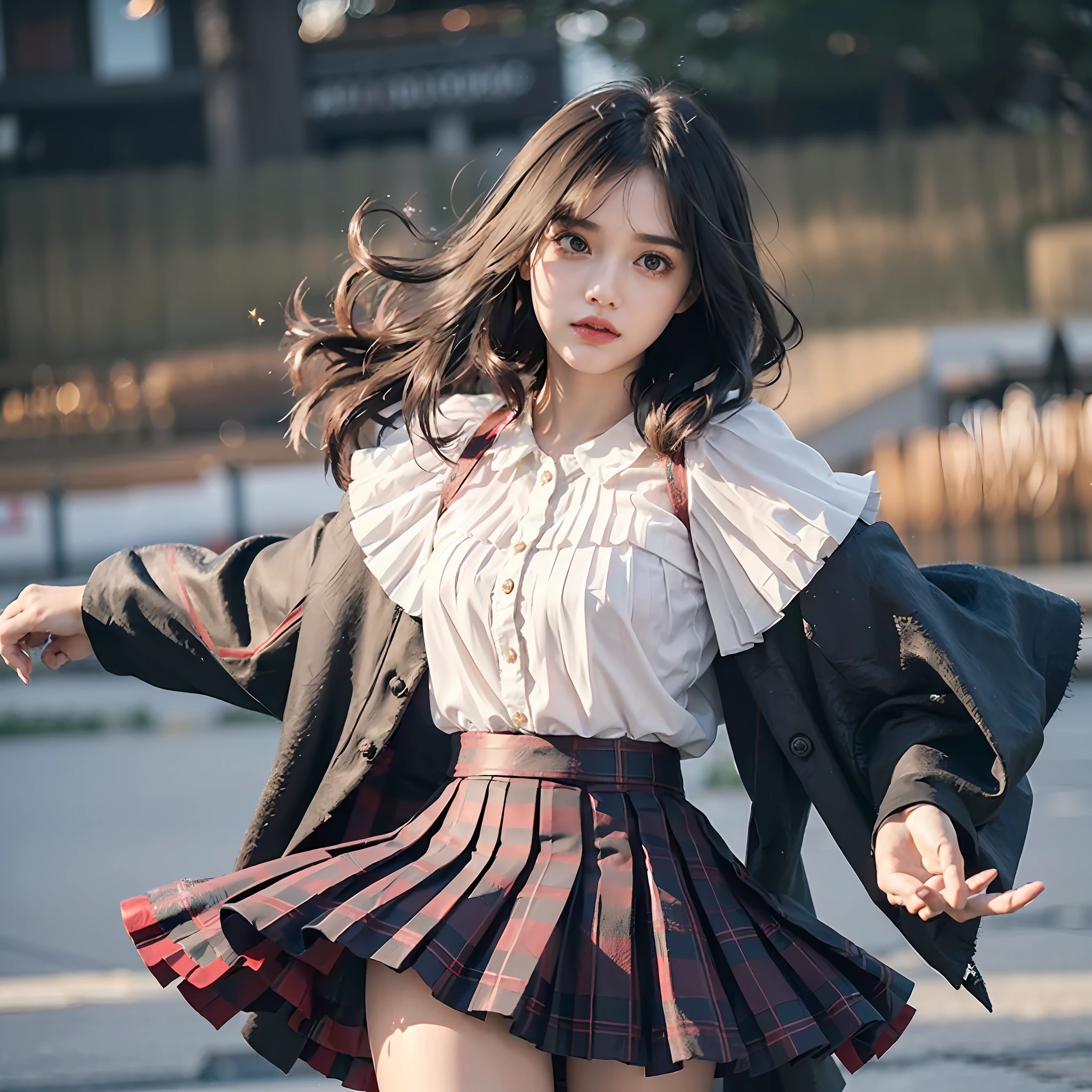 (details of white and gold accents in body costumes: 1.05), (negative space: 1.4), (full body), 1 girl, (((solo)), viewer watch, from above, masterpiece, highly detailed, (((cinematic lighting)), (sparkling), ((dramatic lighting)), (beautiful detailed glow)), stern look, blush, intricate details, lens flares, (black hair: 1.5), (short hair :1.2), (Ice Wings: 1.6), Floating Crystals, Light Particles, (Small: 1.5), (Red Eye: 1.3), (Pink Eyes: 0.4), (Night: 1.3), (Flower: 1.25), Glowing, Floating Glow, Floating Hair, (Forehead: 1.3), (Missb0Tez: 1.3), Ray Tracing, Diffraction Spikes, (Firefly: 1.2), Wisp, Thigh Band, Alice in Wonderland \ (Black theme (1.1), red cape, (((pleated skirt))), ruffled skirt, layered skirt, overskirt, (plaid skirt: 1.15), collared shirt, suit jacket, (white shirt: 1.4), red armor, (asymmetrical legwear)), floating cape, cape: 10 layers, (long coat, open jacket)), straight hair, ( streak hair: 1.3), hair above one eye, asymmetrical bangs, sweeping bangs, head tilt, (depth of field: 0.4), dynamic composition,