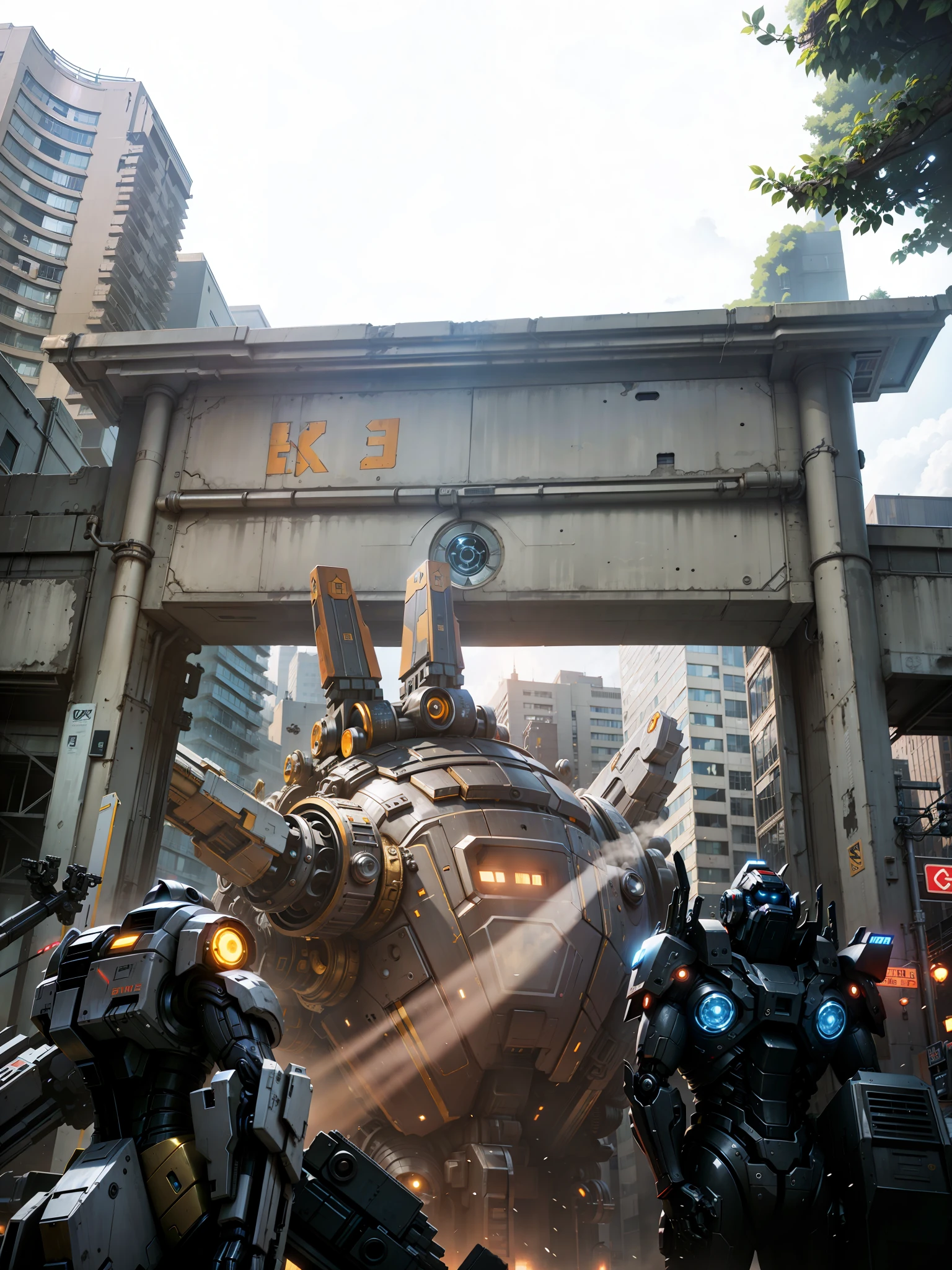 Robot world, metal streets and buildings, cybertron style, many robots, extreme sci-fi, HD, 8K, realism, dark yellow light