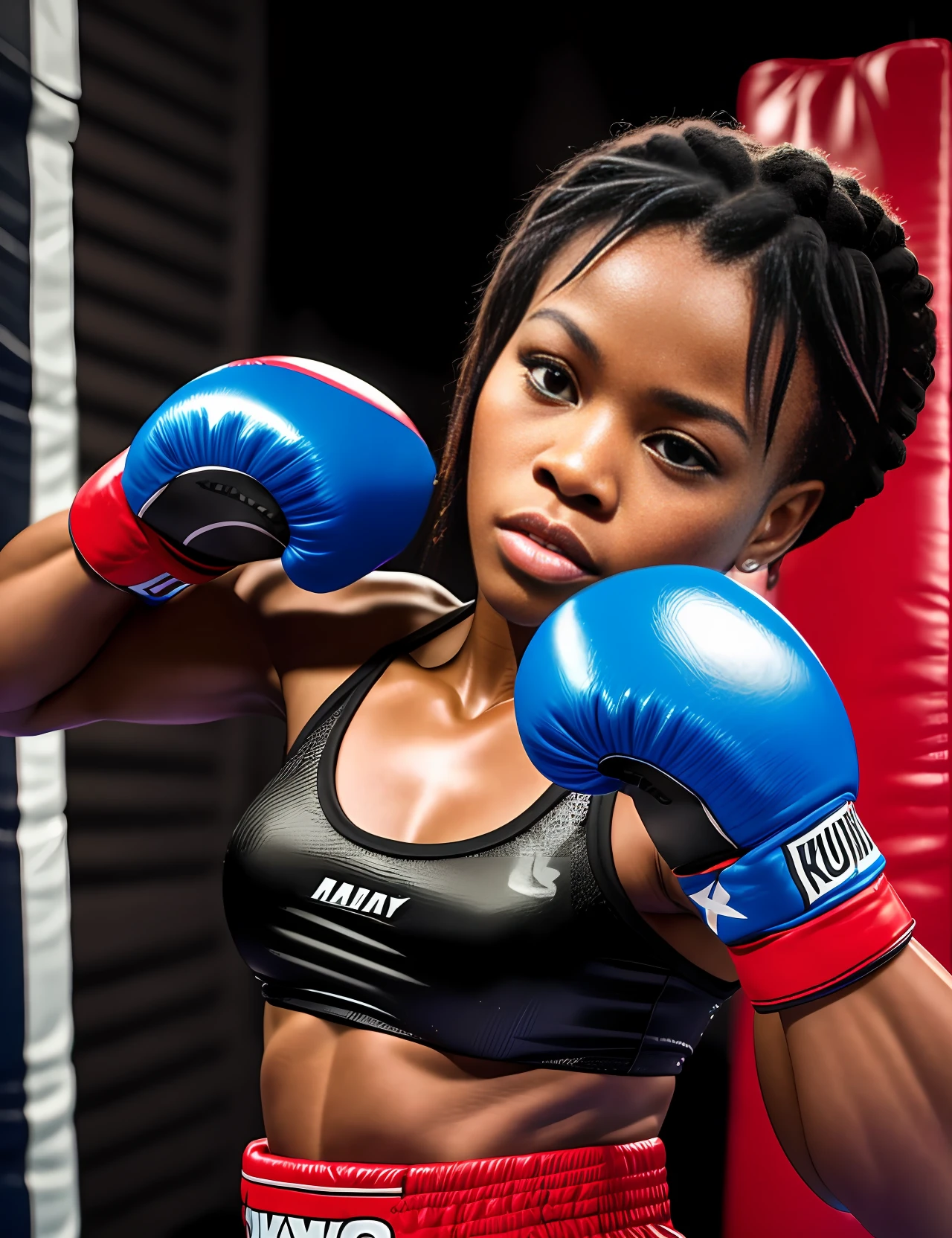 Empowered black woman muay thai fighter, inside a boxing ring, top camera, 8k, punching bags behind --auto --s2