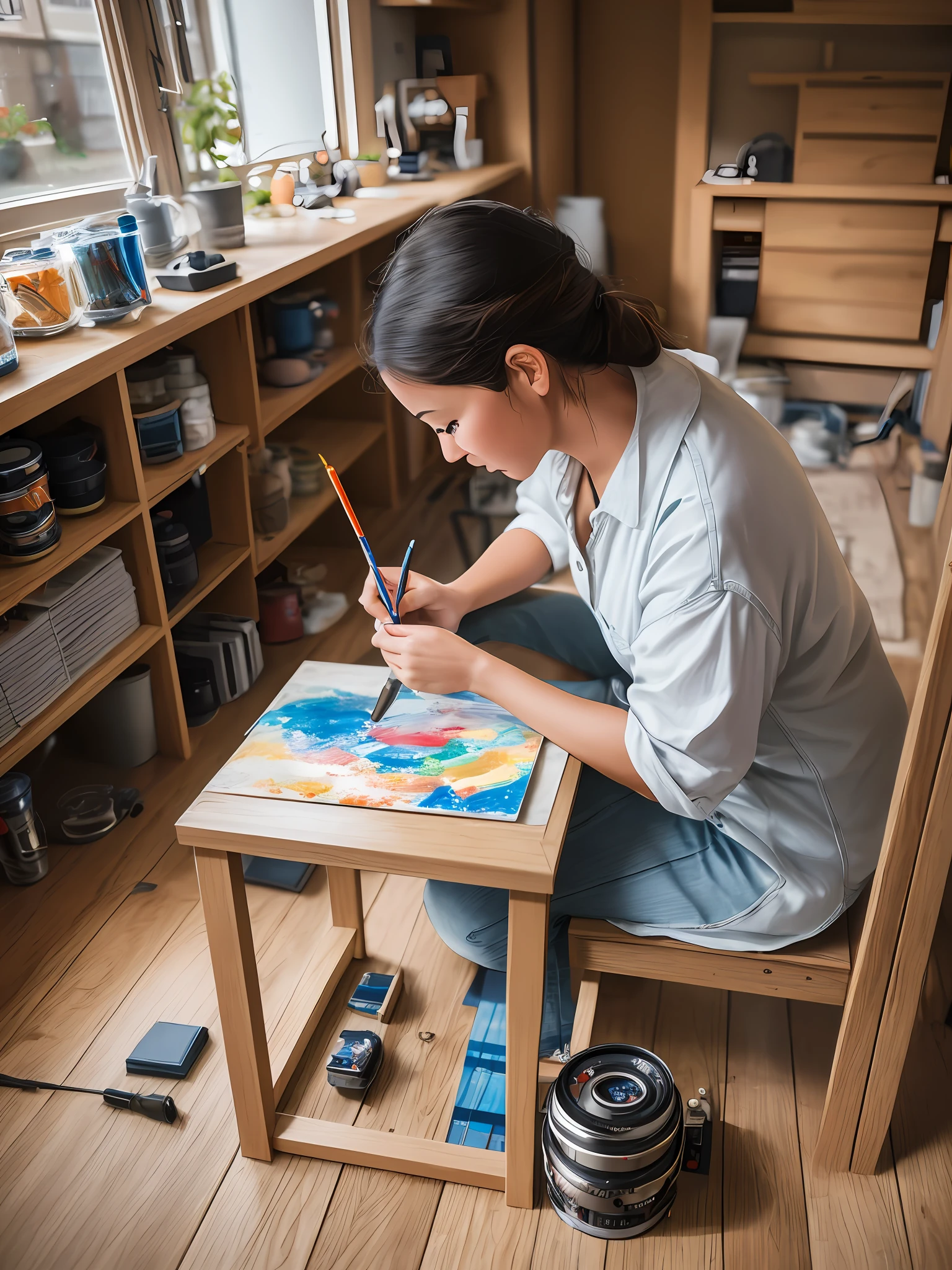a woman sitting at a table working on a piece of art, tinkerer, anamorphic 5 0 mm lens, anamorphic 50mm lens, 3 5 mm f 1. 4 photography, 8 5 mm art lens, sony a7iii, sony a 7 iii, 85mm sigma art lens, 8 5 mm sigma art lens