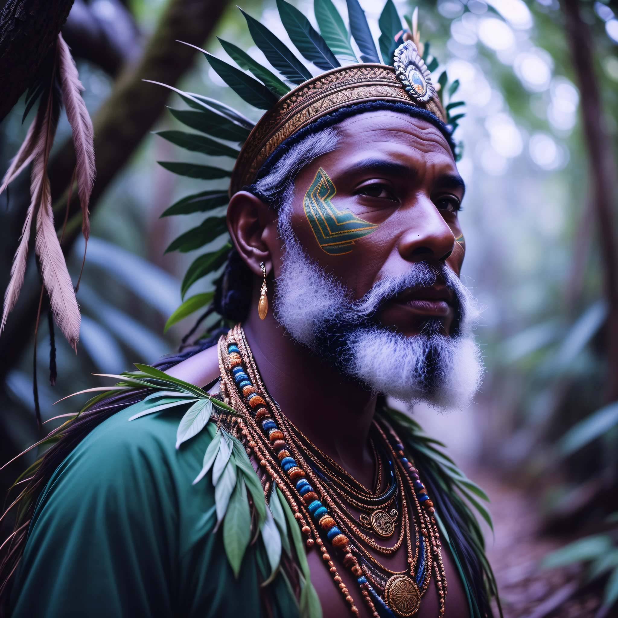 there is a man with a feather headdress and a beard, indigenous man, ancient tribe, witch - doctor, ayahuasca shaman, african man, dramatic portraiture of namenlos, color photograph portrait 4k, 8k artistic portrait photography, anthropological photography, portrait shot, portrait shot 8 k, portrait of a forest mage, portrait of a warrior --auto --s2