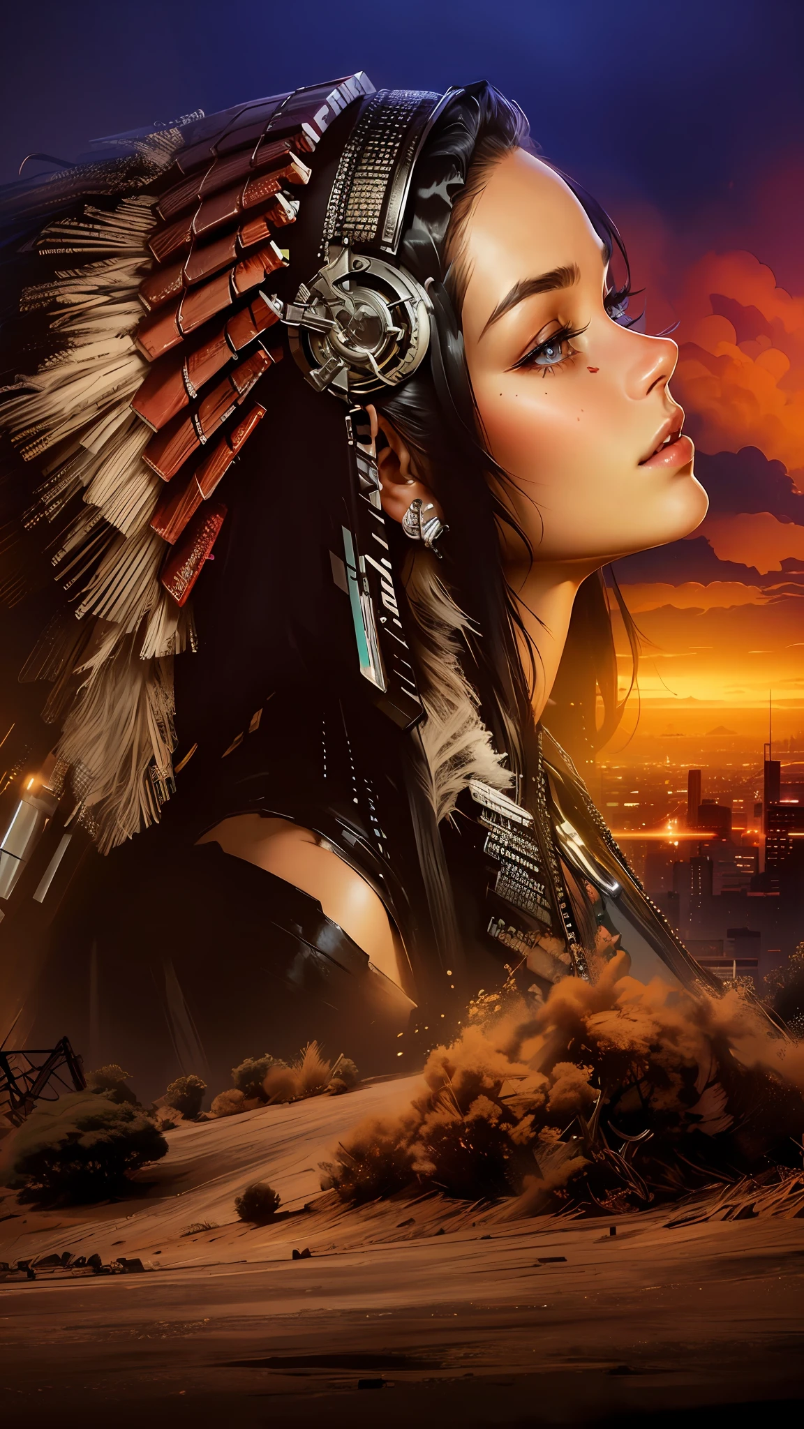 Beautiful woman with medium hair, wearing a hat, short cyberpunk-style outfit, crop top