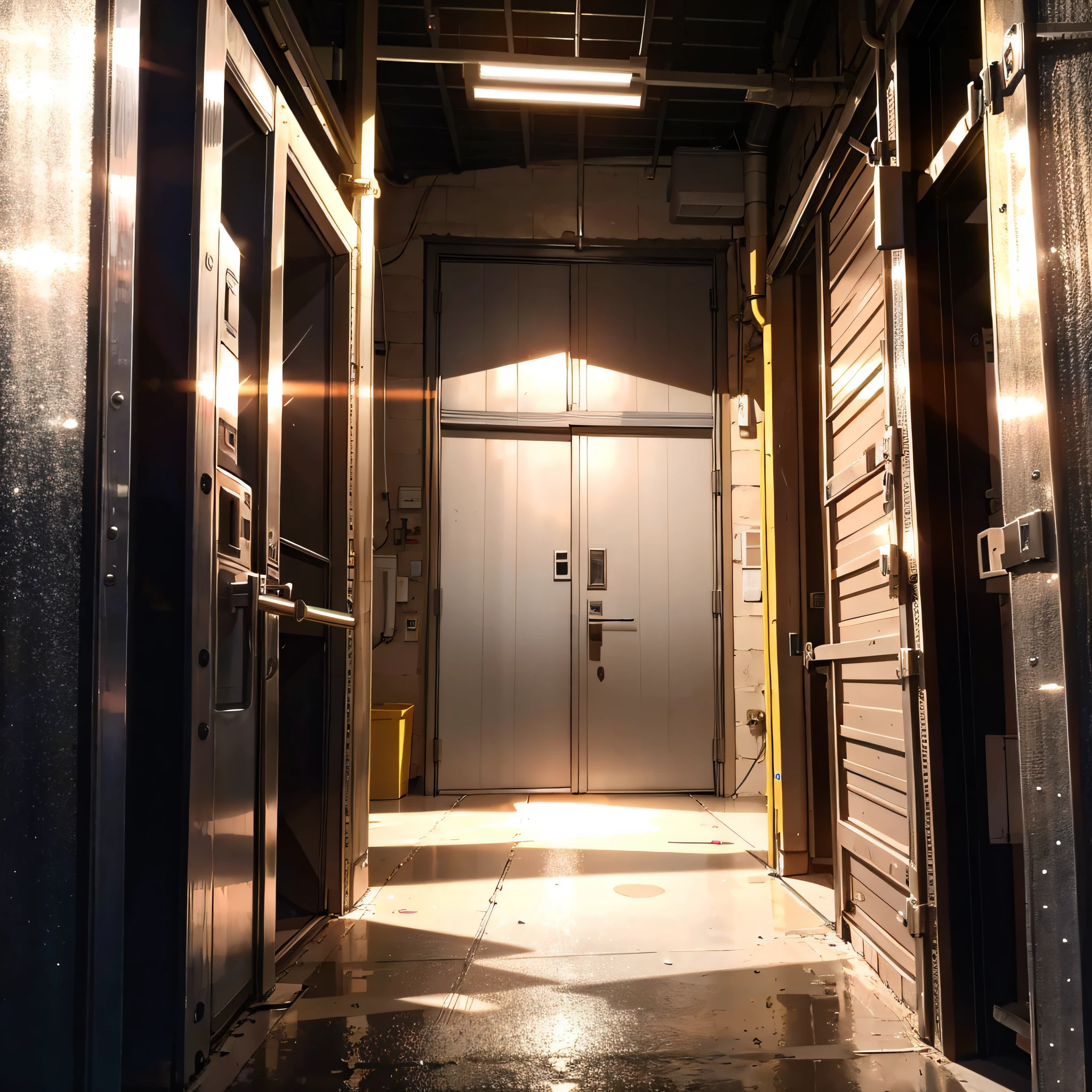 At night, the big iron door of the big warehouse is closed