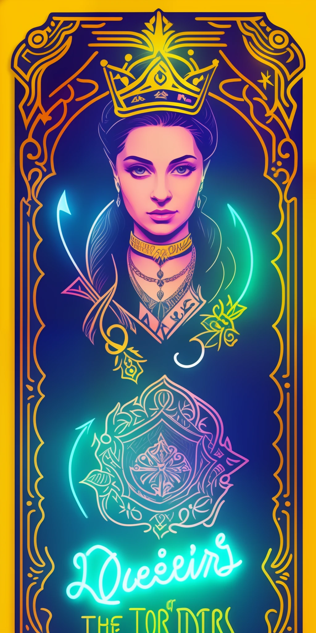 (neon)(sticker with text saying "queen of thieves"), intricately decorated full border along the edges, top view of tarot card, lady of the lake illustration, mysterious, wearing tattoo, rectangular border, trending on artstation by (vector-art), fabian perez, detailed realistic professional art masterpiece, (professional t-shirt design)(neon)