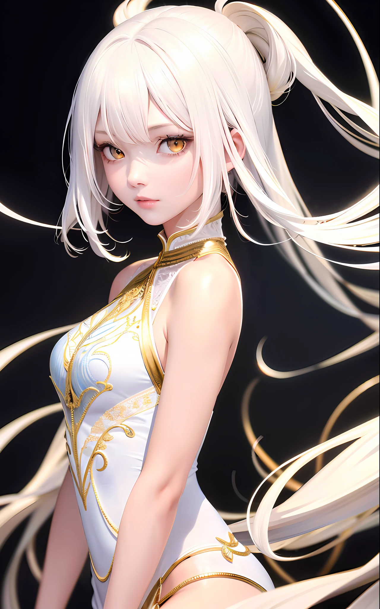 Superb and masterpiece, high resolution, best quality, UHD, super detail, award-winning, 16k, upper body, a beautiful girl, white hair, ((golden eyes)), hanging eyes, (white clothes), hair, fair skin, small breasts, slender figure