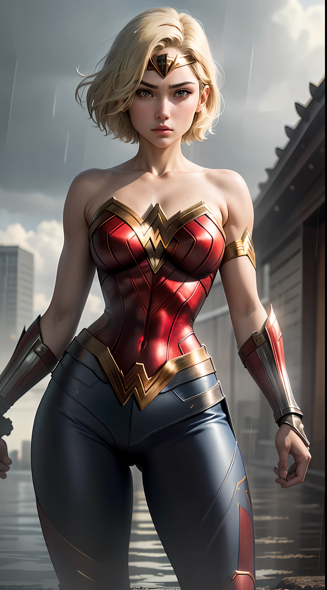 18-year-old girl, upper body, close-up, Wonder Woman suit, long pants, (((short hair))), blonde hair, beautiful face, fighting stance, rain, roof, masterpiece, exquisite details, perfect ???????