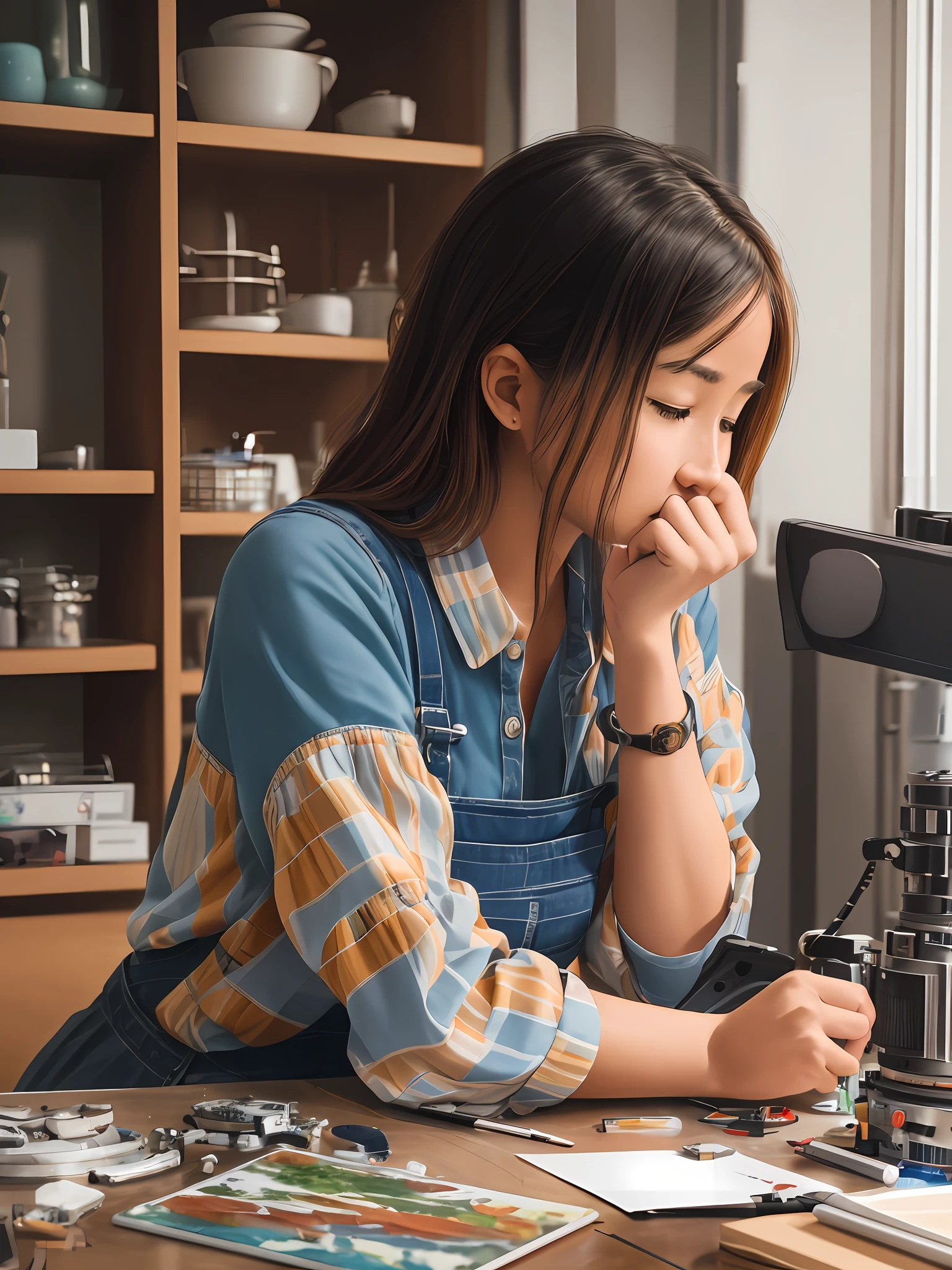 a woman sitting at a table working on a piece of art, tinkerer, anamorphic 5 0 mm lens, anamorphic 50mm lens, 3 5 mm f 1. 4 photography, 8 5 mm art lens, sony a7iii, sony a 7 iii, 85mm sigma art lens, 8 5 mm sigma art lens