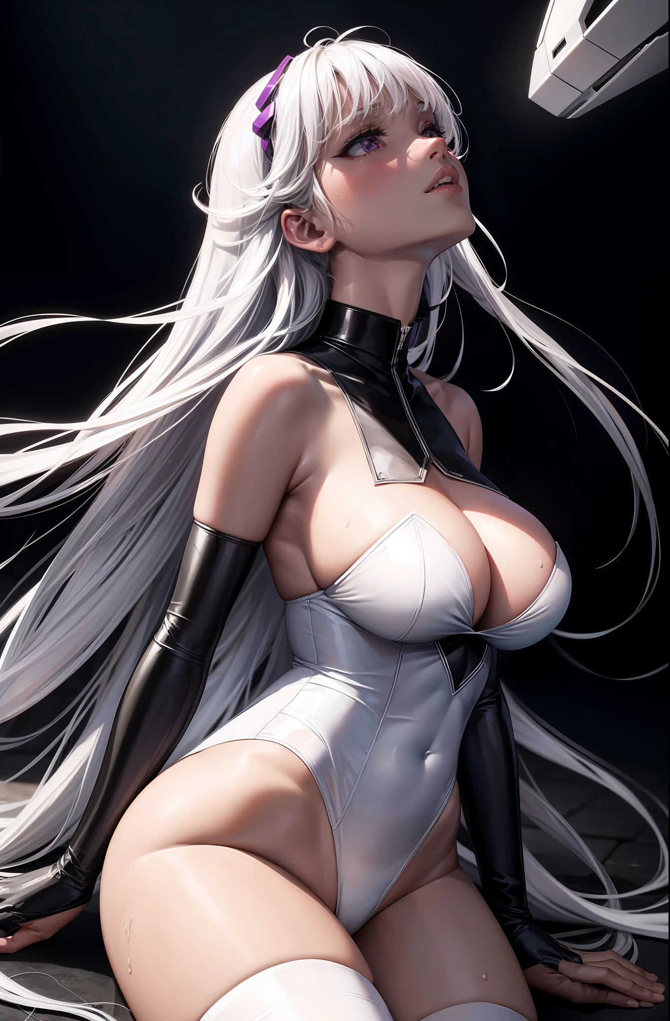 (ai_headback:1.1), 1girl, solo, dark-skinned female, trembling, sweat, neck, white leotard, purple thighhighs, sleeveless, white gloves, highleg leotard, white hair, very long hair, large breasts, (head back:1.5)