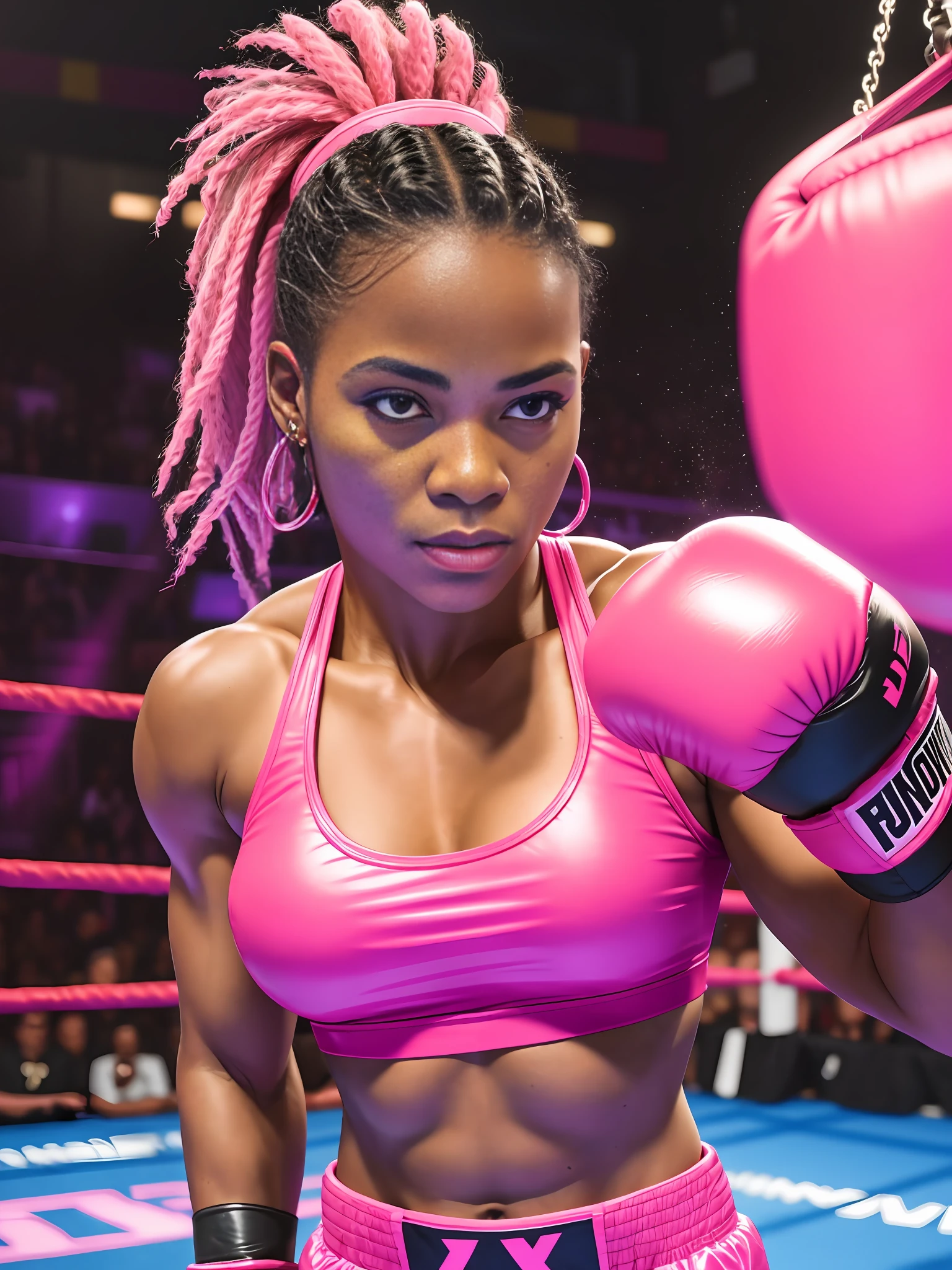 Empowered black woman boxer, wearing pink, inside a boxing ring, top camera, 8k, HDR, pink neon light, punching bags behind --auto --s2