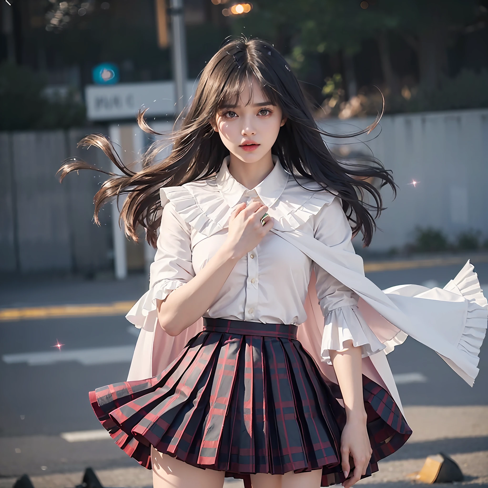 (details of white and gold accents in body costumes: 1.05), (negative space: 1.4), (full body), 1 girl, (((solo)), viewer watch, from above, masterpiece, highly detailed, (((cinematic lighting)), (sparkling), ((dramatic lighting)), (beautiful detailed glow)), stern look, blush, intricate details, lens flares, (black hair: 1.5), (short hair :1.2), (Ice Wings: 1.6), Floating Crystals, Light Particles, (Small: 1.5), (Red Eye: 1.3), (Pink Eyes: 0.4), (Night: 1.3), (Flower: 1.25), Glowing, Floating Glow, Floating Hair, (Forehead: 1.3), (Missb0Tez: 1.3), Ray Tracing, Diffraction Spikes, (Firefly: 1.2), Wisp, Thigh Band, Alice in Wonderland \ (Black theme (1.1), red cape, (((pleated skirt))), ruffled skirt, layered skirt, overskirt, (plaid skirt: 1.15), collared shirt, suit jacket, (white shirt: 1.4), red armor, (asymmetrical legwear)), floating cape, cape: 10 layers, (long coat, open jacket)), straight hair, ( streak hair: 1.3), hair above one eye, asymmetrical bangs, sweeping bangs, head tilt, (depth of field: 0.4), dynamic composition,