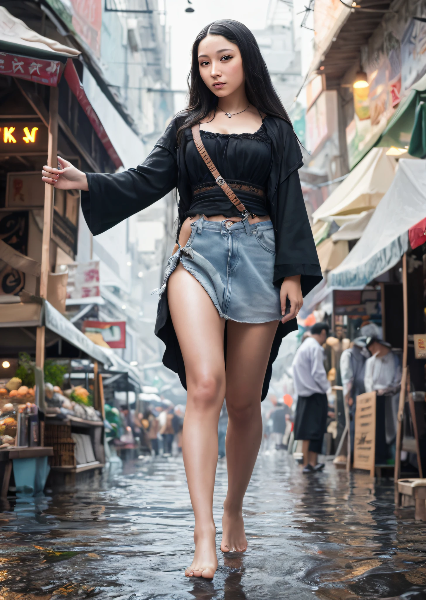 Mona Lisa and an alternative man walking in wet market, gentle expression, full body portrait, barefoot, light streaks falling from the sky, masterpiece, highest quality, high quality, highly detailed CG unit 8k wallpaper, award winning photo, bokeh, depth of field, HDR, flood, chromatic aberration, realistic, very detailed, art station trend, CGsociety trend, complex, high detail, dramatic, midway art, volumetric lighting