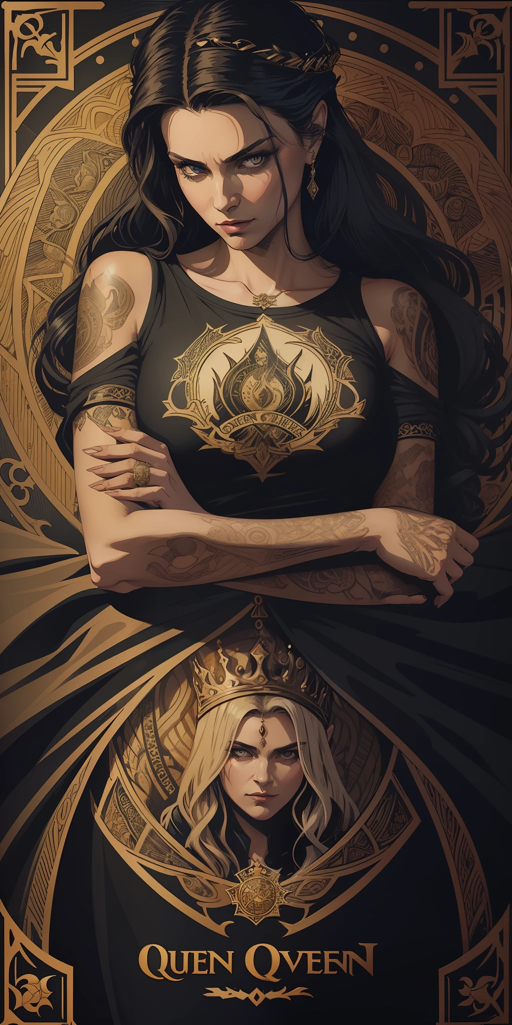 (sticker with text saying "queen of thieves"), intricately decorated full border along the edges, top view of tarot card, lady of the lake illustration, mysterious, wearing tattoo, rectangular border, trending on artstation by (vector-art), fabian perez, detailed realistic professional art masterpiece, (professional t-shirt design)(neon)