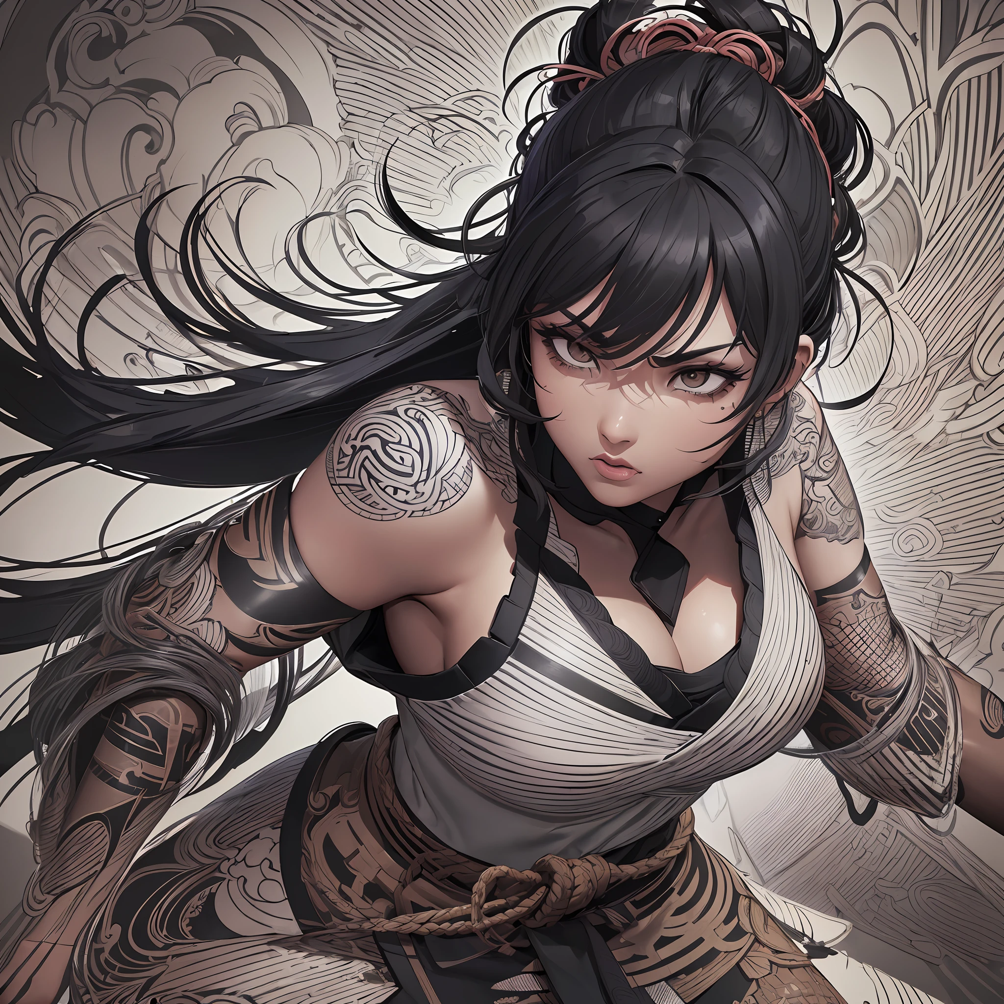 (kaisen jujutsu style), (line art:1.5), (1girl:1.3), ((black and white)), Brazilian indigenous woman, brown skin, dramatic pose, beige dress (masterpiece, superior quality, best quality), extremely detailed background, good composition, good anatomy, perfect lighting, good shading, (realistic:1.3), --auto --s2