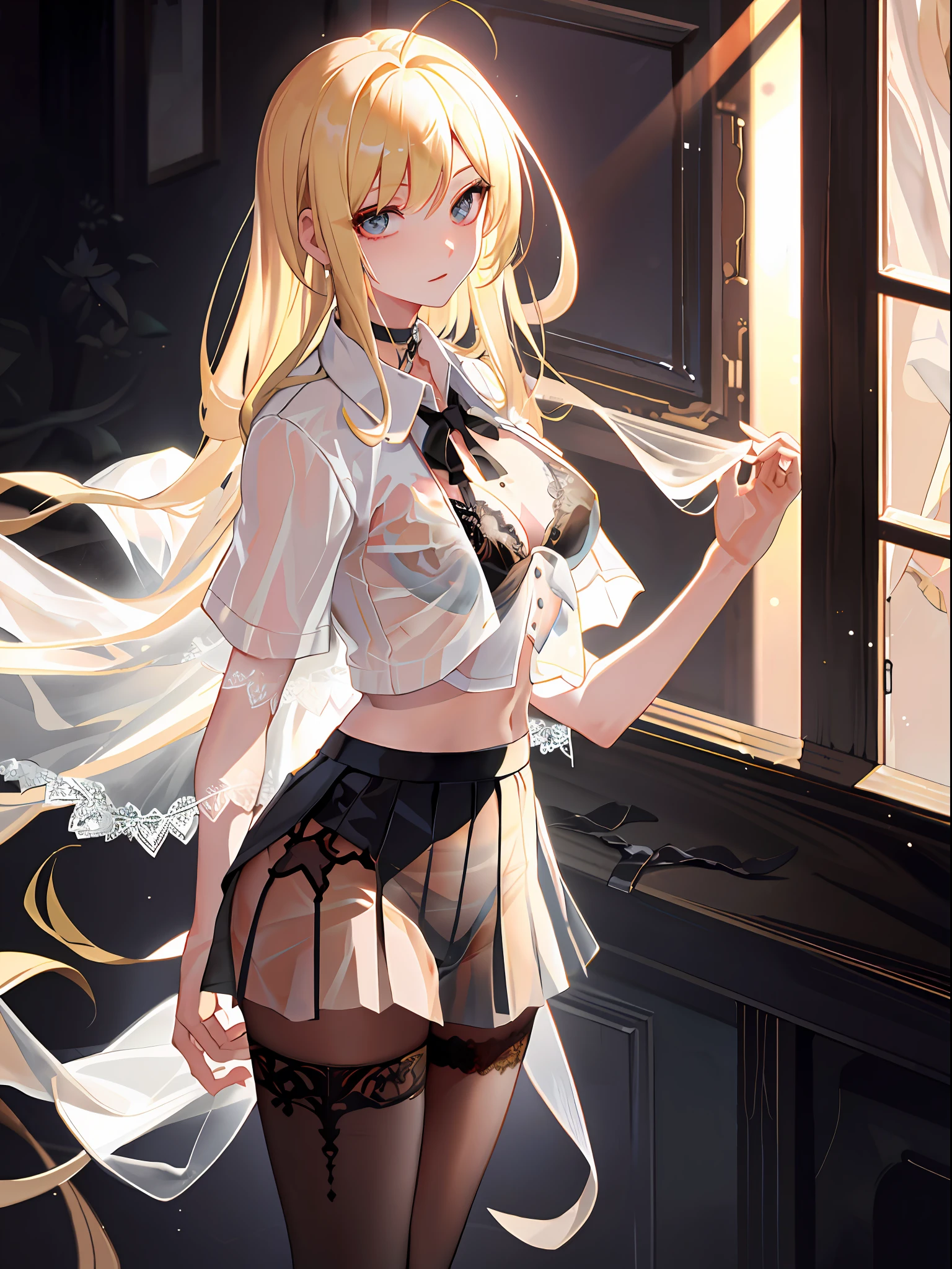 masterpiece, Blonde hair, Long hair, Nightclub, White shirt, Short sleeves, Unbuttoned, Black skirt, Pleated skirt, Tattoo, Collar, NSFW (see-through lingerie:1.3),