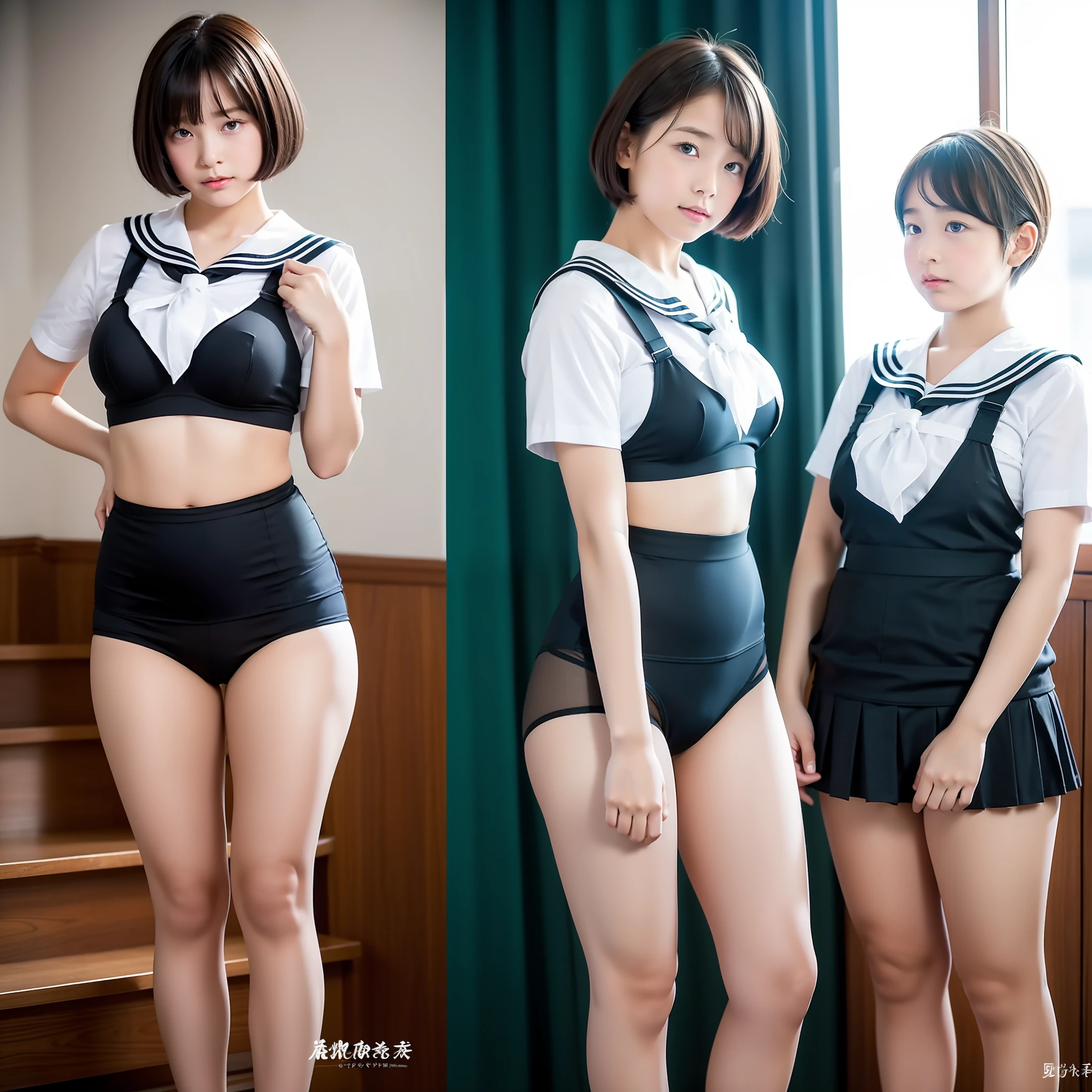 Everyone has the same hairstyle as the child on the far right, everyone has the same face as the child on the far right, everyone is boyish and short hair on the far right, the skirt is raised as much as possible to show the bloomers inside, the child on the far right rolls up the skirt and makes it an upskirt, and the front skirt is raised with both hands to show off the black bloomers of the Showa era in the skirt, The middle child sticks out her buttocks and makes it look like black bloomers can be observed very well from inside the skirt, and the middle child sticks her buttocks backwards forward from inside the skirt in a nasty pose that shows off the line of black bloomers, The child on the left is a short-haired short boyish with bigger breasts and a bra that sticks to the white sailor uniform made of black satin material to emphasize the line of the, and the main face and hairstyle is the child on the left,