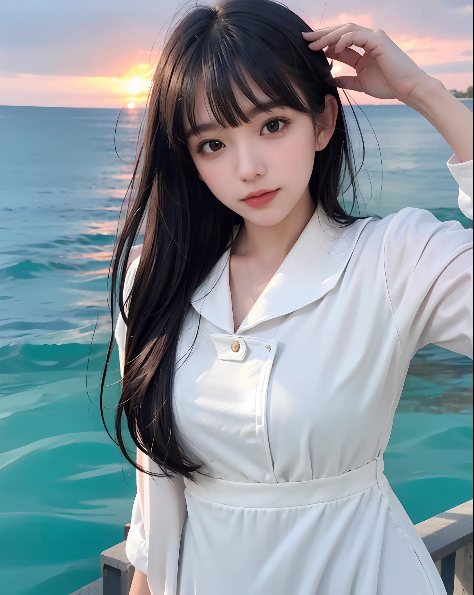 (Close-up: 1.5, HD: 1.2, sailor suit), (beautiful: 1.2, temperamental: 1.3), (1girl), bangs, black hair, beach, sunset