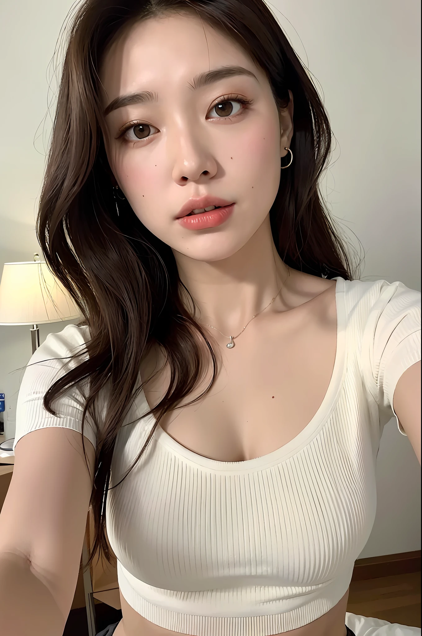 ((Cinematic light, Best quality, 8k, Masterpiece: 1.3)), Selfie, 1girl, Beautiful woman with slender abdomen: 1.4, (Brown hair, Huge breasts: 1.1), Gym blouse: 1.2, Bed, Ultra detailed face, Detailed eyes, Double eyelid, short shorts, calvin klein blouse, calvin klein short