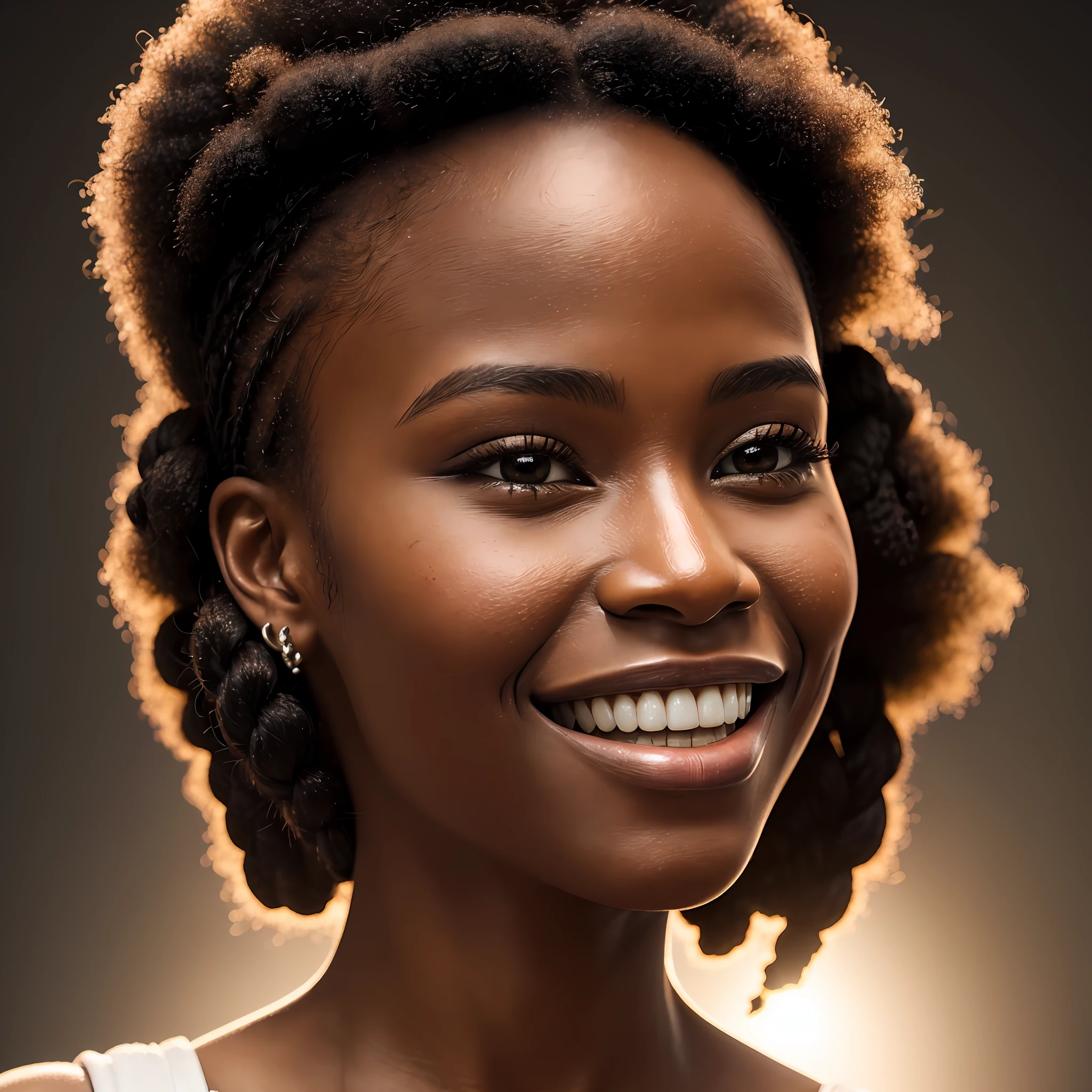ultra-realistic image, (graceful smile:1.2, cheerful, deep happiness, intense lighting:1.3 and super detailed, close-up of the face of a beautiful black girl:1.3 with braids in her afro hair, zoom)"