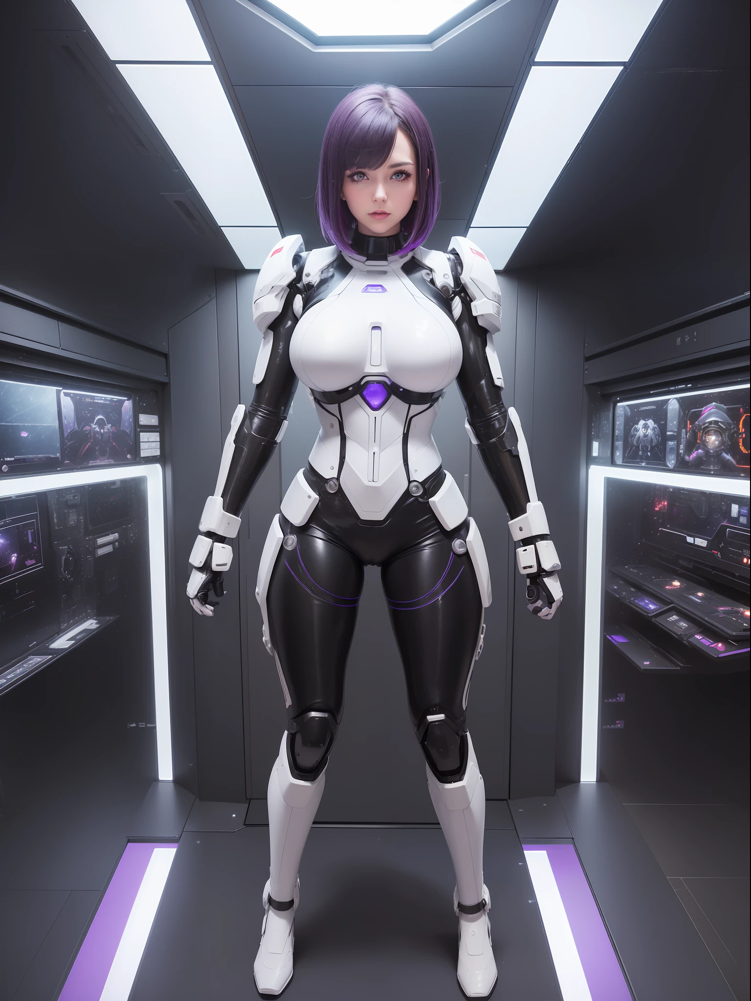 (full body photo:1.5), (one/woman/mechanical:1.5), (extremely large breasts:1.5), (all mechanical body:1.5), (with bionic armor:1.5), white with black gears, (she is inside a spaceship near the window seeing outer space:1.5), (she has very short purple straight hair:1.3), (blue eyes:1.3), (moaning:1.5), (blush:1.5), (looking at the viewer/standing/exhibitionist pose:2),  (anime style, Anime, 16k, high quality, textured leather, UHD, award-winning)