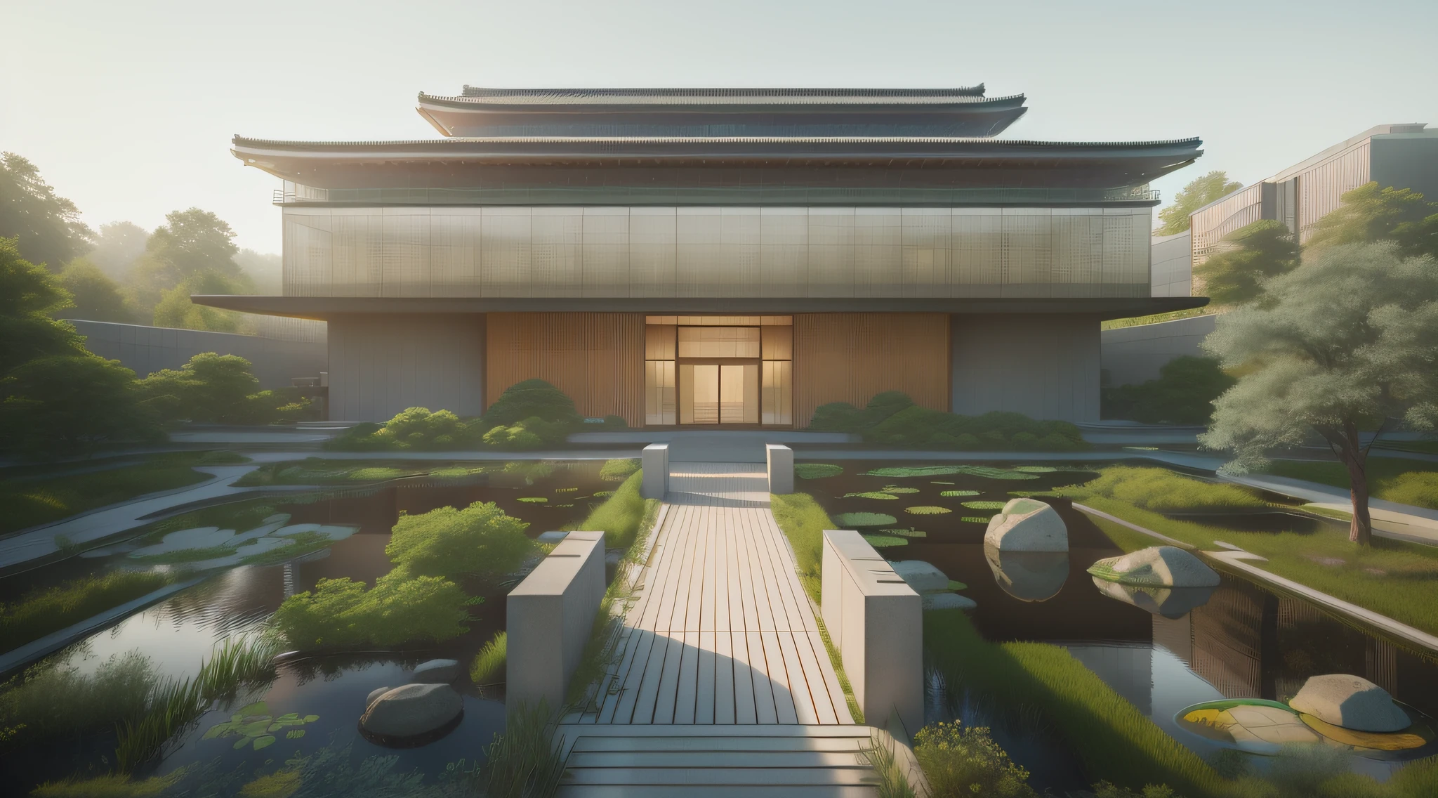 there is a large building with a pond in front of it, inspired by Tōshi Yoshida, inspired by Tadao Ando, rendered in lumion pro, highly detailed render, fully detailed render, rendered in lumion, inspired by Kaigetsudō Ando, high-quality render, inspired by Takeuchi Seihō, architecture render