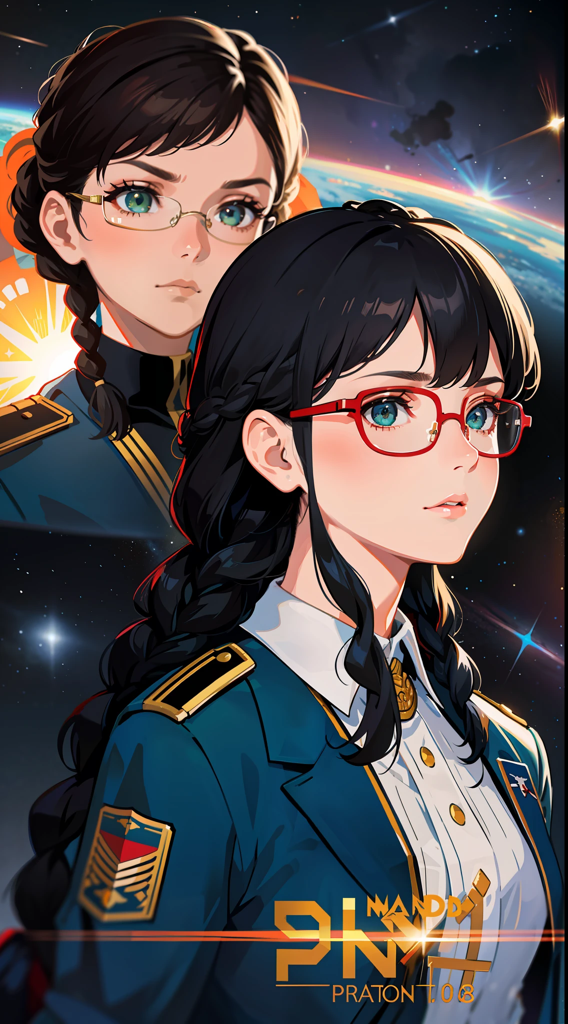 Movie Poster,((Braid Hairstyle: 1.5)),Reference NovelFoundation,Science Fiction,Sci-Fi,Movies,War Action Movies,Space,Atmosphere,Sky,Battleship,Multiple Characters,Woman,Adult,Green Eyes,Black Hair,(Pia bang hairstyle) : 1.8 ),(Red Glasses),Still Eyes,General Uniform,White Commander Uniform,Realistic Face Details,Realism,3D Face,