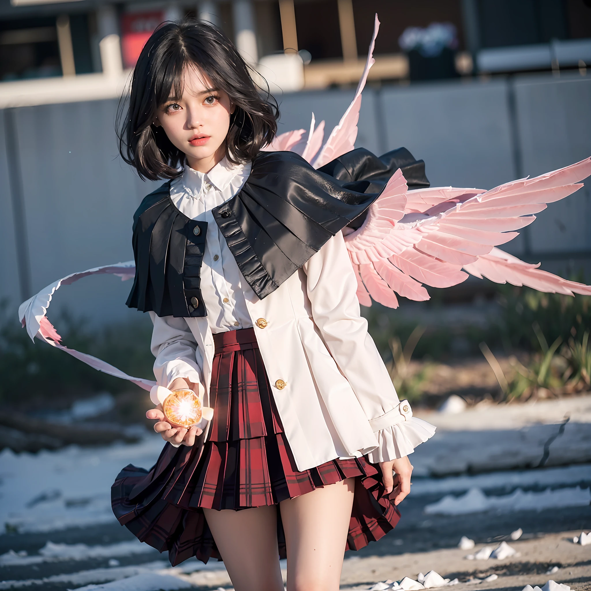 (details of white and gold accents in body costumes: 1.05), (negative space: 1.4), (full body), 1 girl, (((solo)), viewer watch, from above, masterpiece, highly detailed, (((cinematic lighting)), (sparkling), ((dramatic lighting)), (beautiful detailed glow)), stern look, blush, intricate details, lens flares, (black hair: 1.5), (short hair :1.2), (Ice Wings: 1.6), Floating Crystals, Light Particles, (Small: 1.5), (Red Eye: 1.3), (Pink Eyes: 0.4), (Night: 1.3), (Flower: 1.25), Glowing, Floating Glow, Floating Hair, (Forehead: 1.3), (Missb0Tez: 1.3), Ray Tracing, Diffraction Spikes, (Firefly: 1.2), Wisp, Thigh Band, Alice in Wonderland \ (Black theme (1.1), red cape, (((pleated skirt))), ruffled skirt, layered skirt, overskirt, (plaid skirt: 1.15), collared shirt, suit jacket, (white shirt: 1.4), red armor, (asymmetrical legwear)), floating cape, cape: 10 layers, (long coat, open jacket)), straight hair, ( streak hair: 1.3), hair above one eye, asymmetrical bangs, sweeping bangs, head tilt, (depth of field: 0.4), dynamic composition,