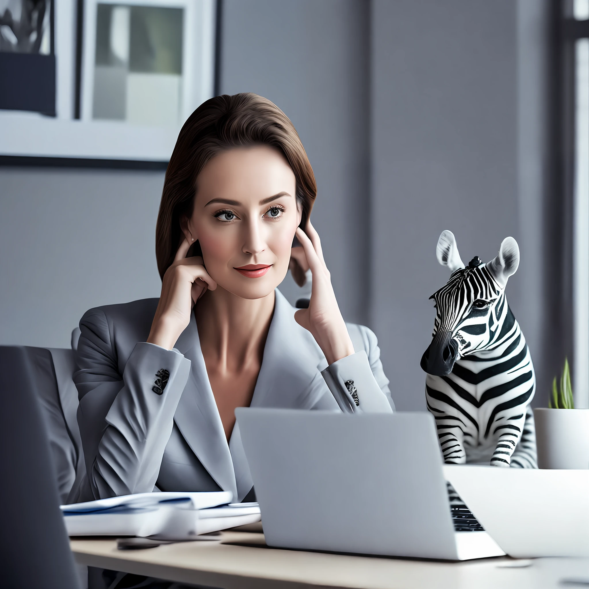 (Masterpiece, 4k resolution, ultra-realistic, very detailed), Generate a hyperrealistic photo of a young professional beautiful European businesswoman hard at work on her laptop creating a project. Set the background to a modern office or creative studio with ample natural light. Use a filter that enhances the natural colors and lighting of the scene. Ensure the businesswoman’s clothing and accessories are professional and contemporary. Her facial expression should be determined and focused on her work. There is a cute tiny zebra toy on the table as a discrete ornament. Please, avoid generating extra or distorted arms or fingers that might make the photo look unnatural. Use the command “Zoom in” to focus the image on the businesswoman and her laptop. realistic 3D style