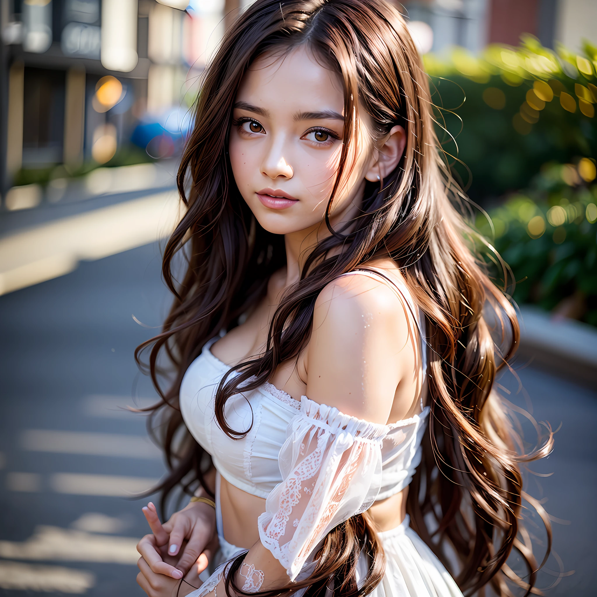 upper body, brown hair, design hair, live action, masterpiece, best quality, official art, very elaborate cg Unity 8K wallpaper, for girls, ultra high definition, casual fashion, golden hour lighting, summer fashion, (natural brown hair: 0.8), (puffy eyes), sunlight, look at viewer, turn around, smile, medium breasts, balayage hair, bust up angle, Model pose, simple background, delicate skin, curly hair, hands around mouth, little exposed