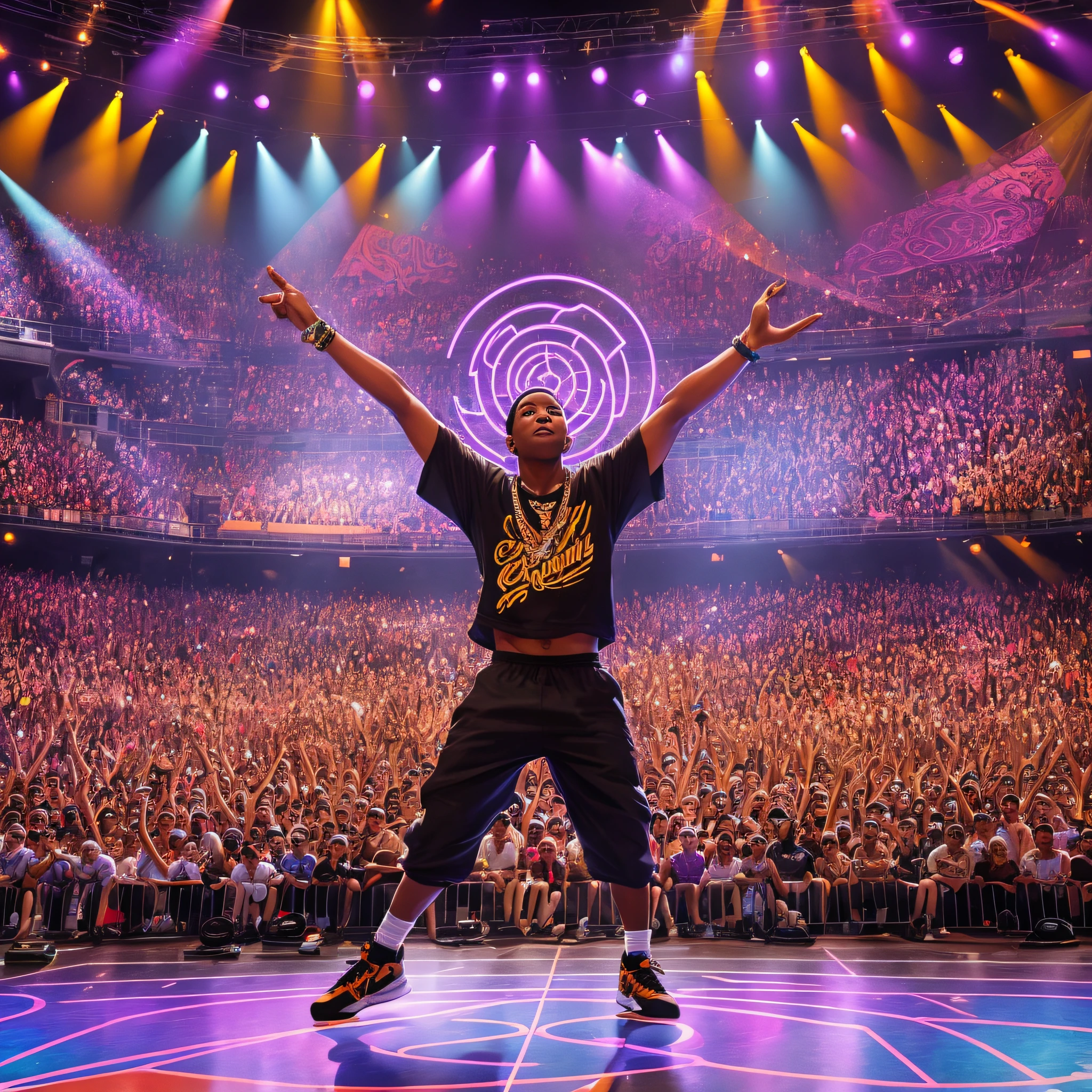 At a hip-hop event, the dazzling stage is filled with vibrant lights. In the center of the stage stands a towering tower decorated with intricate illustrations depicting the unique charm of hip-hop culture. Around the stage, huge speakers emit uplifting sound waves that spread throughout the venue. Just when the audience was excited, a group of street dance youths poured in from all directions. Boys, exuding their own charm. To the rhythm of the music, they pedal on stage and their bodies move perfectly and harmoniously, demonstrating amazing skill and coordination. Their dance movements come to life, as if they were characters in illustrations, exuding unlimited energy and vitality. Their characters morph under the interplay of lights, creating surreal and fantastical scenes. The spectacle in front of you seems to transcend reality and become a dream stage that integrates music, dance, illustration, and youthful vitality. --auto --s2