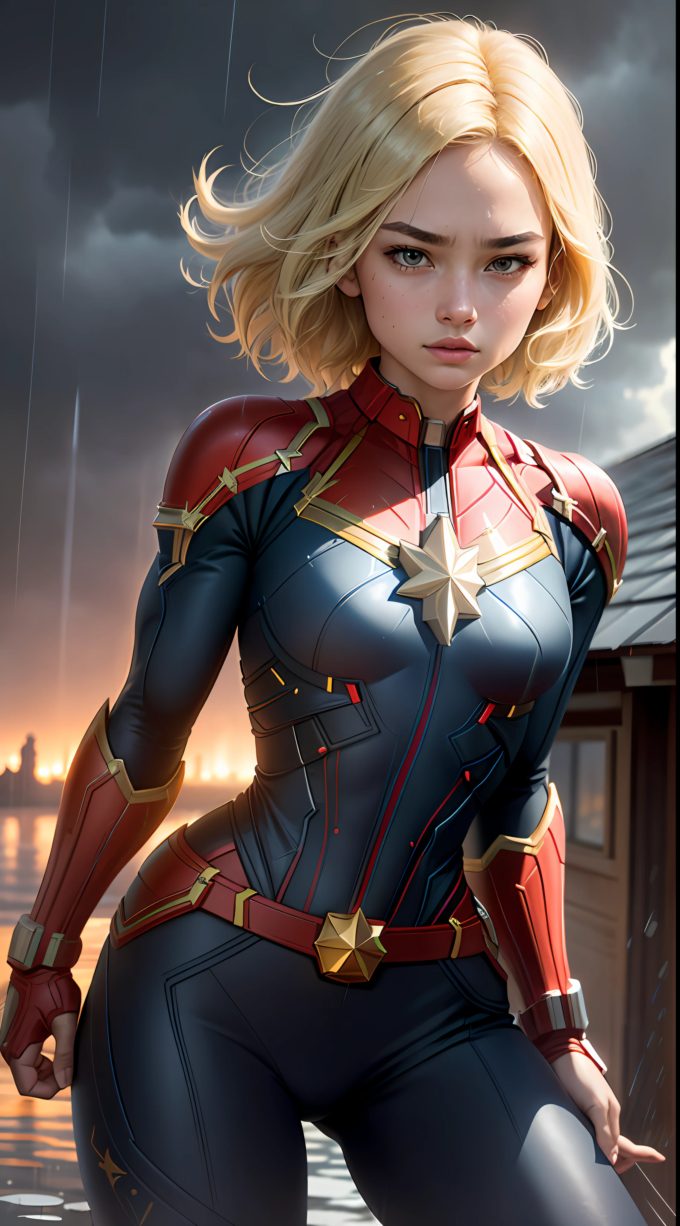 18-year-old girl, upper body, close-up, Captain Marvel suit, long pants, (((short hair)), blonde hair, beautiful face, fighting stance, rain, roof, masterpiece, exquisite details, perfect anatomy