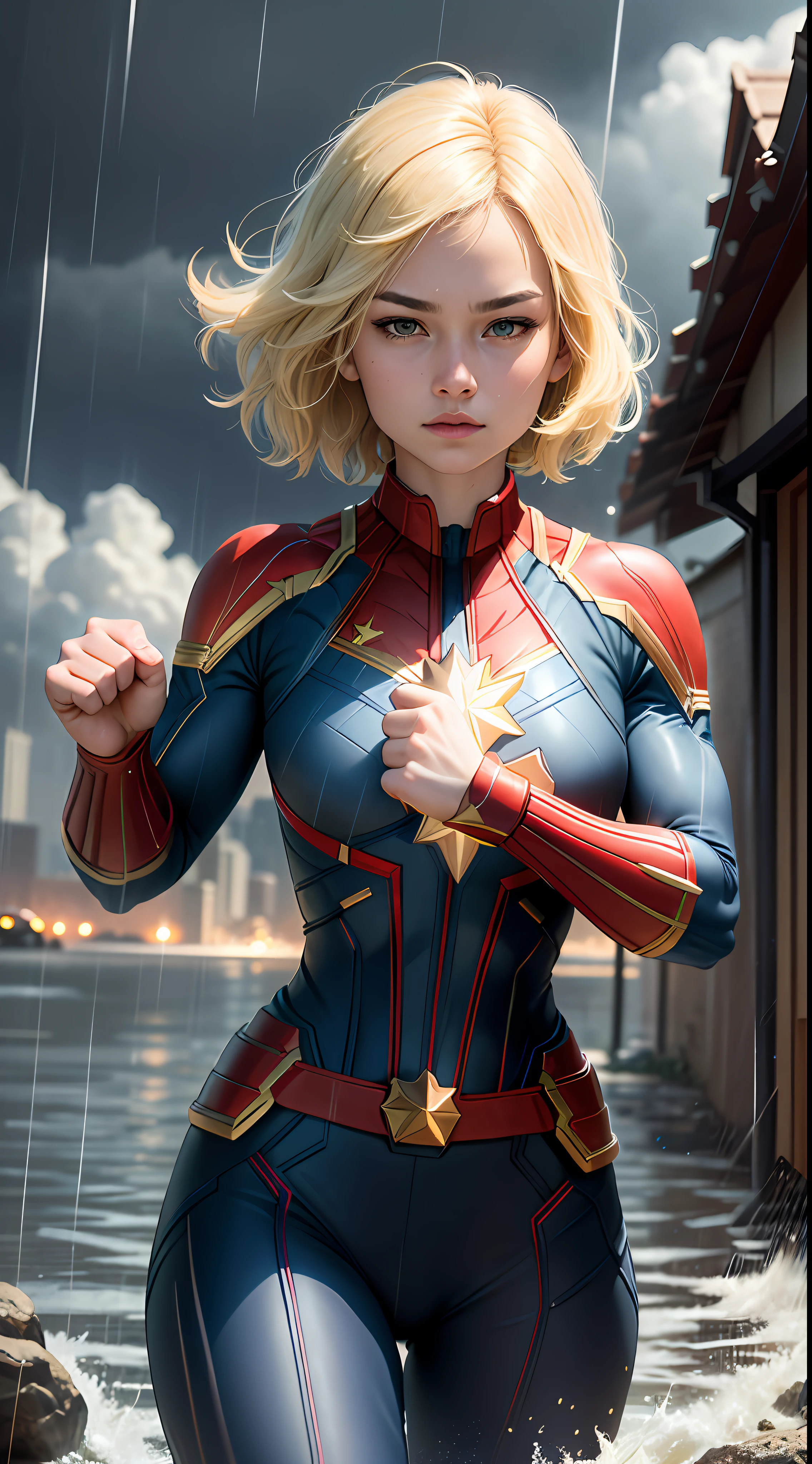 18-year-old girl, upper body, close-up, Captain Marvel suit, long pants, (((short hair)), blonde hair, beautiful face, fighting stance, rain, roof, masterpiece, exquisite details, perfect anatomy