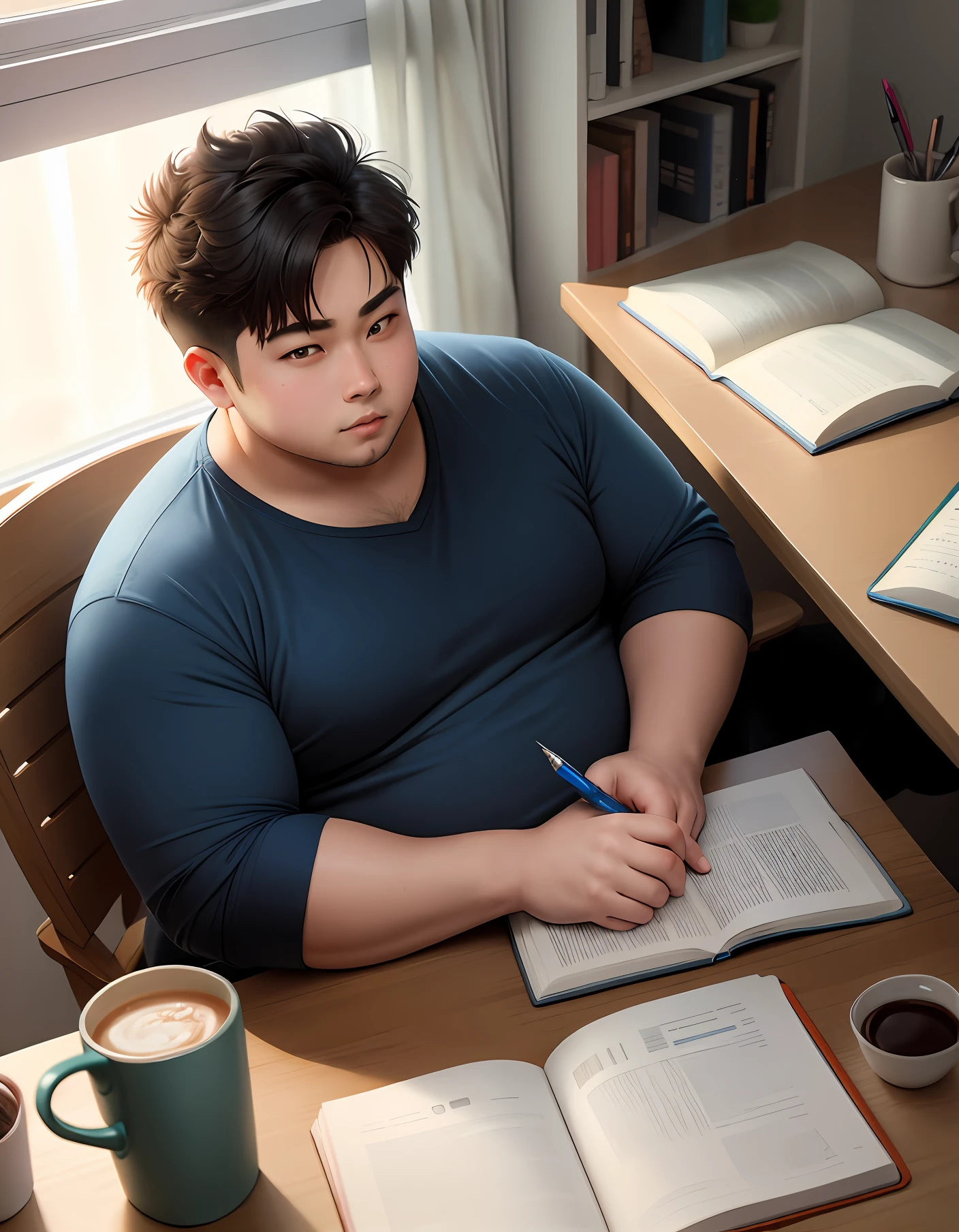 1 Men, anime, studying at home, short hair, chubby, strong, sitting, pen in right hand, open book on the table.