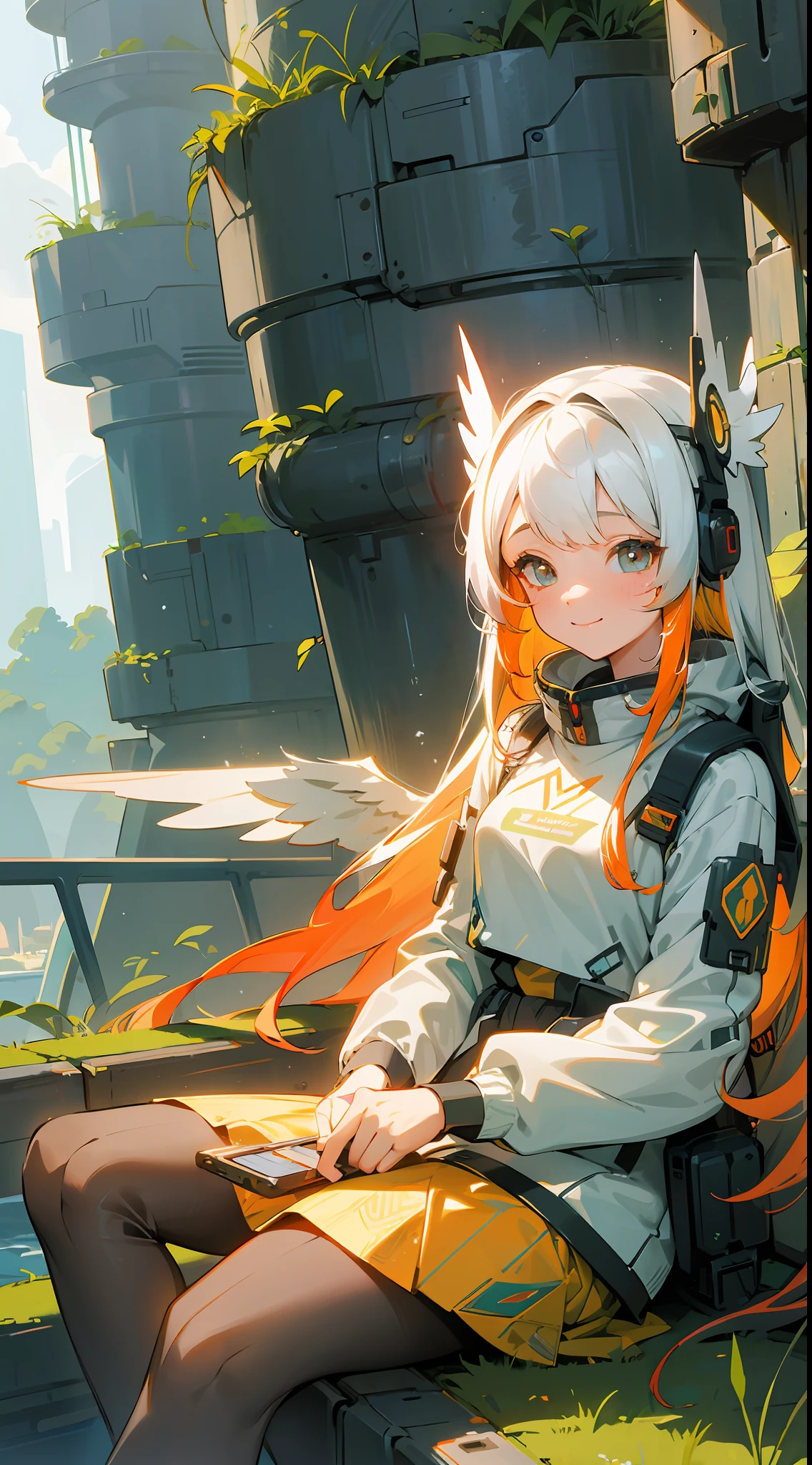 Beautiful, happy, picturesque, charming, organic, futuristic, sci-fi city, integrated into nature. water and plants. beautiful light. grainy and rough. Soft color scheme. Cute Vector Artistic Graphic Design by Lurid, girl in a valley, sitting, blush, stylized gray and orange sweatshirt, patterned skirt, pantyhose, holding red cup, dreamy big eyes, radiant smile, gradient eyes, long hair, multicolored hair, white hair, yellow hair, mechanical wings