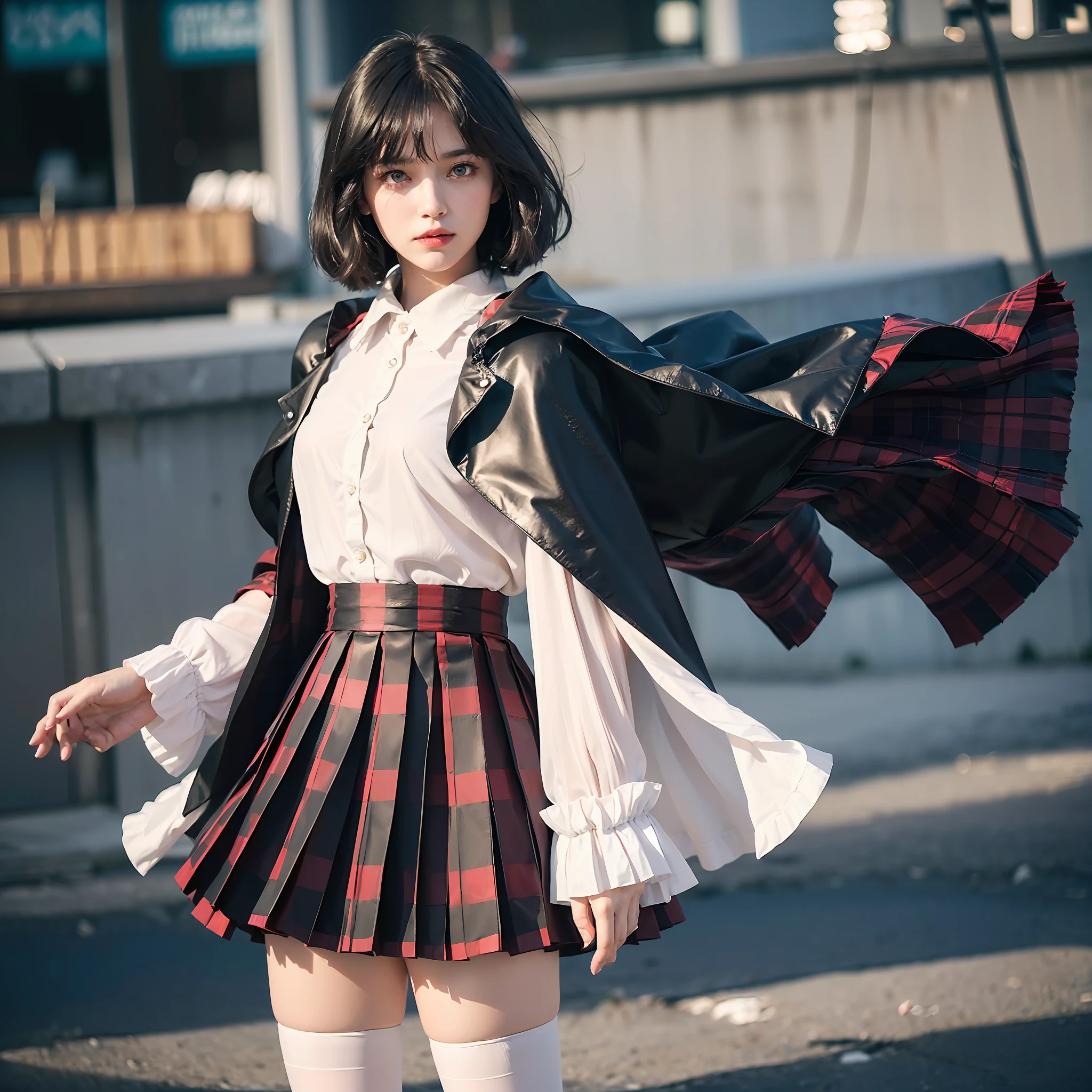 (details of white and gold accents in body costumes: 1.05), (negative space: 1.4), (full body), 1 girl, (((solo)), viewer watch, from above, masterpiece, highly detailed, (((cinematic lighting)), (sparkling), ((dramatic lighting)), (beautiful detailed glow)), stern look, blush, intricate details, lens flares, (black hair: 1.5), (short hair :1.2), (Ice Wings: 1.6), Floating Crystals, Light Particles, (Small: 1.5), (Red Eye: 1.3), (Pink Eyes: 0.4), (Night: 1.3), (Flower: 1.25), Glowing, Floating Glow, Floating Hair, (Forehead: 1.3), (Missb0Tez: 1.3), Ray Tracing, Diffraction Spikes, (Firefly: 1.2), Wisp, Thigh Band, Alice in Wonderland \ (Black theme (1.1), red cape, (((pleated skirt))), ruffled skirt, layered skirt, overskirt, (plaid skirt: 1.15), collared shirt, suit jacket, (white shirt: 1.4), red armor, (asymmetrical legwear)), floating cape, cape: 10 layers, (long coat, open jacket)), straight hair, ( streak hair: 1.3), hair above one eye, asymmetrical bangs, sweeping bangs, head tilt, (depth of field: 0.4), dynamic composition,