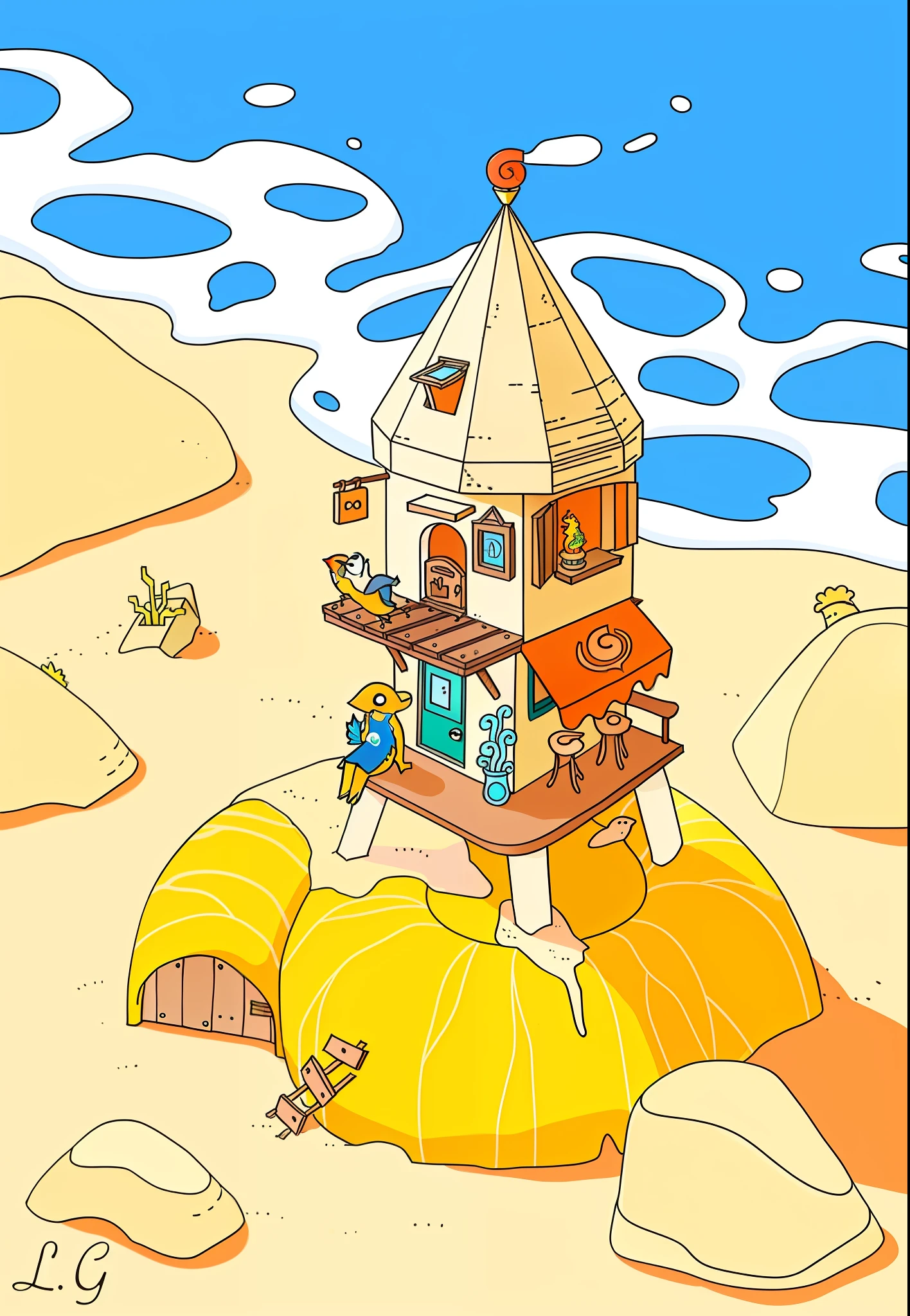 Cartoon of a small house on the rock with a bird on top, isometric view of wizard tower, witch's cabin, wizard's magic tower, game screenshot, color illustration, splash house, isometric illustration fun, wizard tower, wizard tower, sandcastle, color children's book illustration, color illustration, color illustration, official art, official screenshot