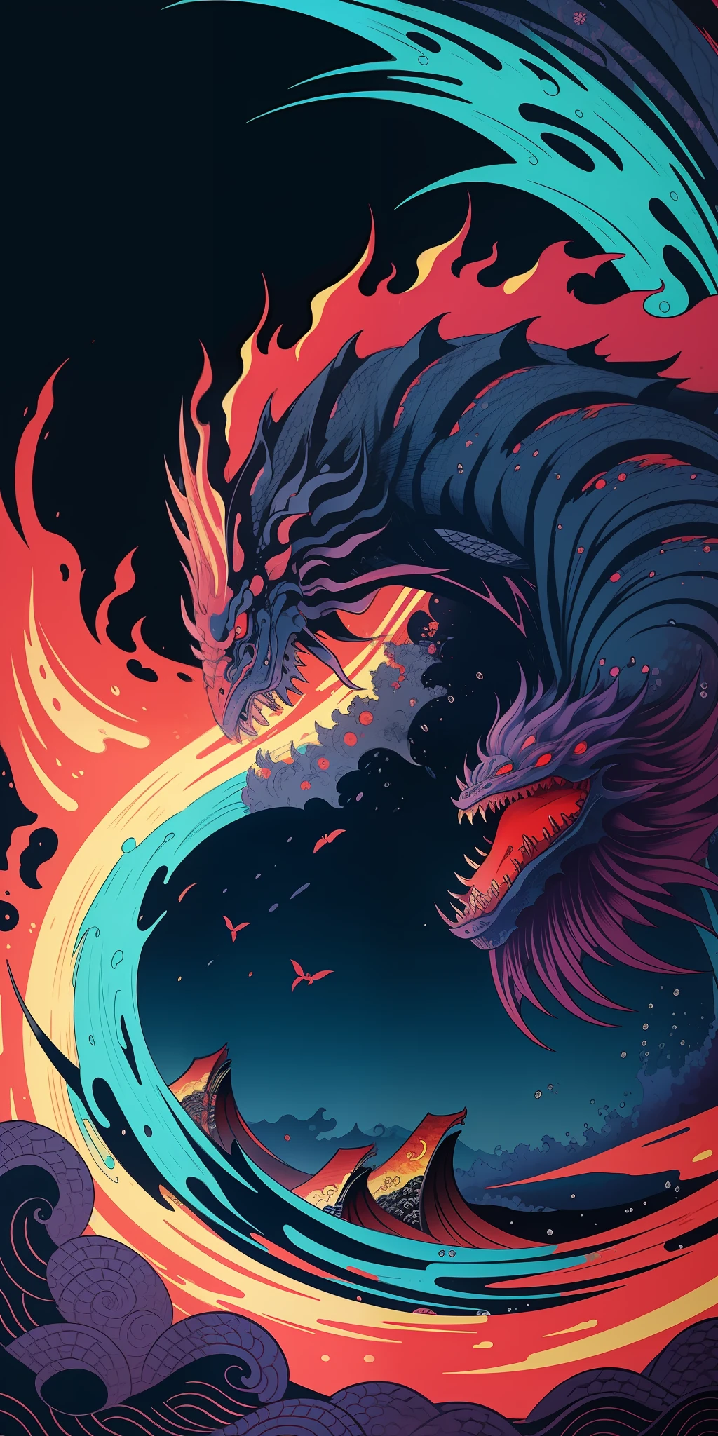 Close up monster, Katsushika Hokusai style, neon color