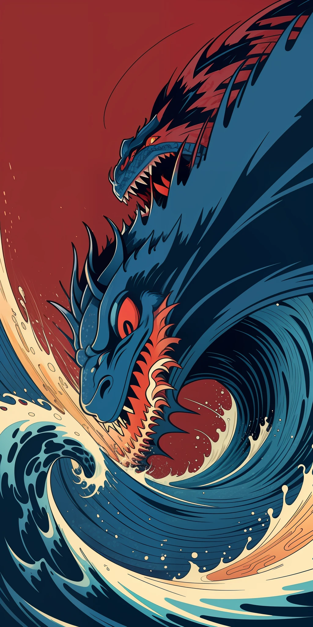 Close up monster, Katsushika Hokusai style, neon color