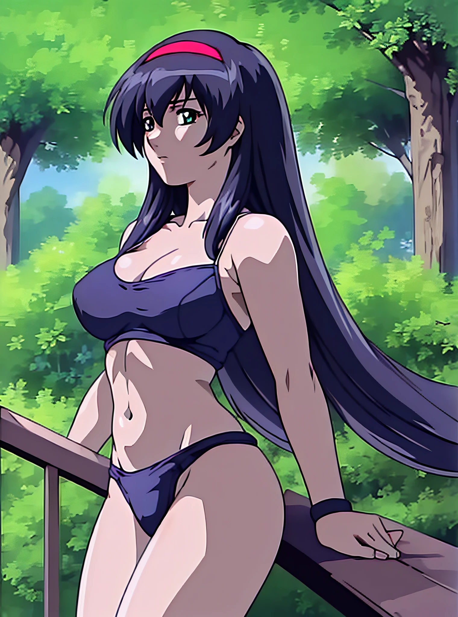 (Sun: 1.7), outdoor, park, park bench, plant, road, fence, grass, tree, Standing with care, standing in front of the bench, bewitching, dark blue school swimsuit, beautiful girl warrior costume, white knee socks, navel, red_hairband, black hair, long hair, green eyes, side hair, straight, V bang, 1 girl, 20 years old, young woman, beautiful fingers, beautiful long legs, beautiful body, Beautiful nose, beautiful character design, perfect eyes, perfect face, watch viewer, (innocent_big_eyes:1.0), (expressionless:1.3), NSFW, official art, highly detailed CG Unity 8k wallpaper, perfect lighting, colorful, Bright_Front_face_Lighting, (masterpiece: 1.0), (Best quality: 1.0 ), Ultra High Resolution, 4K, Ultra Detail, Photos, 8K, HDR, Hi-Resolution, Absurdity: 1.2, Kodak portra 400, Film Grain, Blurry Background, Bokeh: 1.2, Lens Flare, (vibrant_color:1.2) (Beautiful, Large breasts: 1.4), (Beautiful Face: 1.5), (Narrow waist),