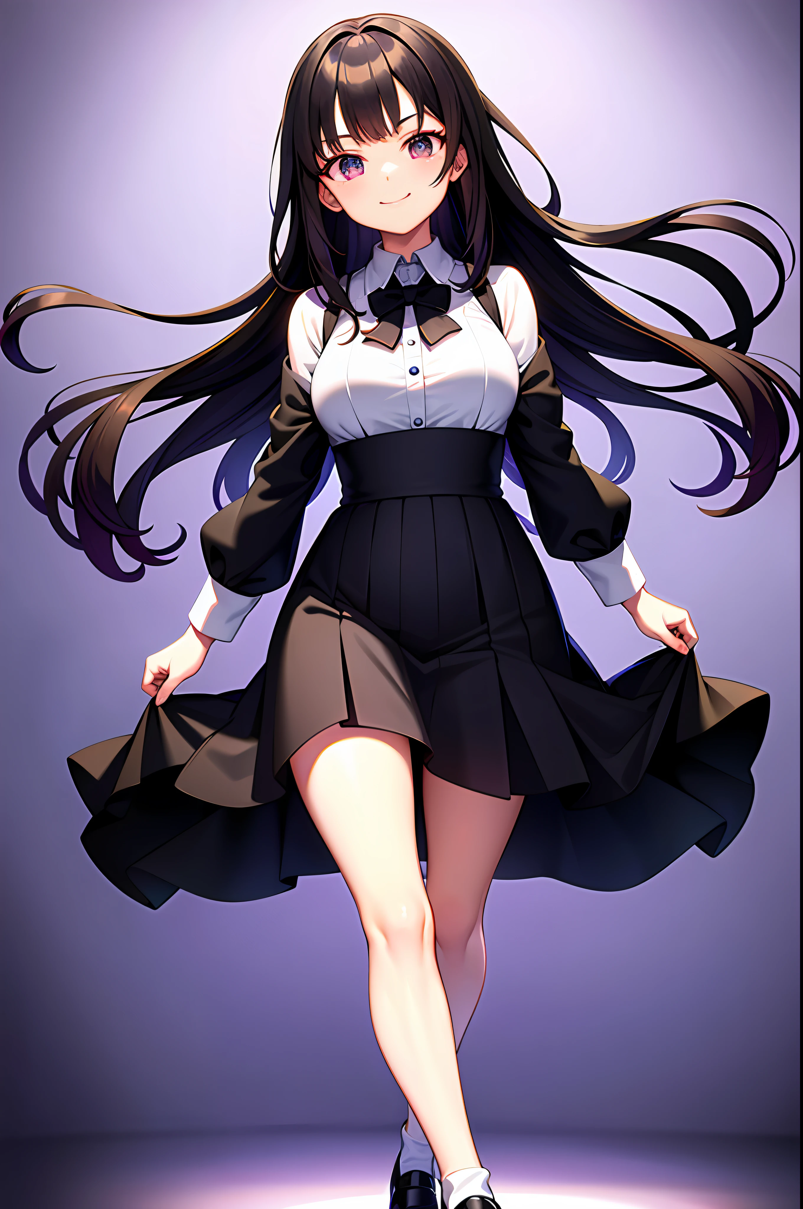 solo, hoshinoai, (16:9, high quality), (1girl:1.2), (solo:1.2), medium_face, black hair, blunt bangs, purple + starry_eyes, smile, Light_face, Medium breasts, slender waist, Wide pelvic, thigh gaps, (formal clothes, white pharmacist coat), (black long skirt, black footwear, shoes), Single_earrin, standing, standing straight, (full body), (glitchy background)