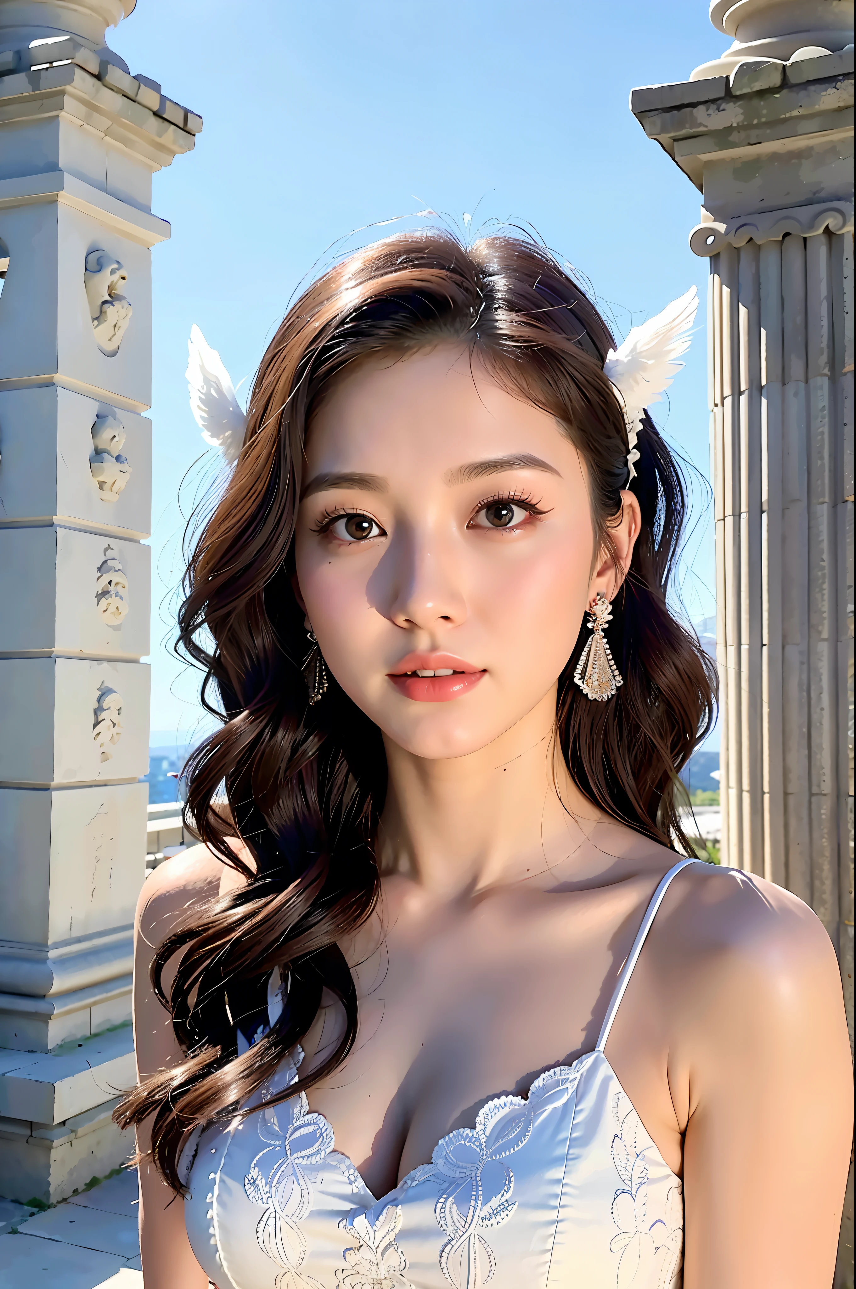 Dressed up with winged cute angel, wearing a beautiful garland on the head, symmetrical white feather material simulation of huge wings, exquisite details, HD, 8k, (best quality, masterpiece: 1.2), portrait, breast, outdoors, ancient buildings, tall stone pillars, stone railings, a 25-year-old woman named Yiping in an ancient castle: 2, eyes looking at the camera, natural expression, posture do not stiff, curly wavy long hair, white dress long dress, the same character, various poses, different angles, backlight :1.5,Rich skin details:1.5,