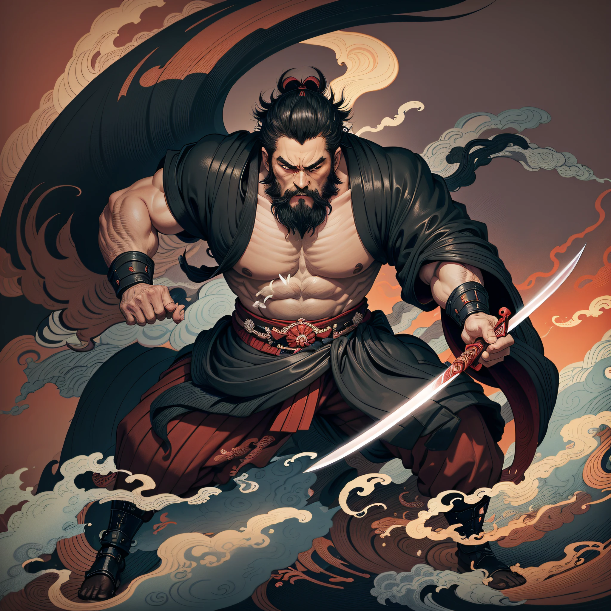 It is a full-body painting with natural colors in the style of ukiyo-e. Miyamoto Musashi is a Japan samurai with a large body like a strongman. He has a rough face, short black hair, and a short, trimmed beard. He is a righteous samurai who fights evil. He wears a black kimono. The hakama should be a little longer and draw in a flowing shape that flutters in the wind. He holds a sword in his right hand with flames coming out of his Japan sword. The background is a swirling flame in Katsushika Hokusai style. Masterpiece high-resolution ukiyo-e style, with the highest quality --auto --s2