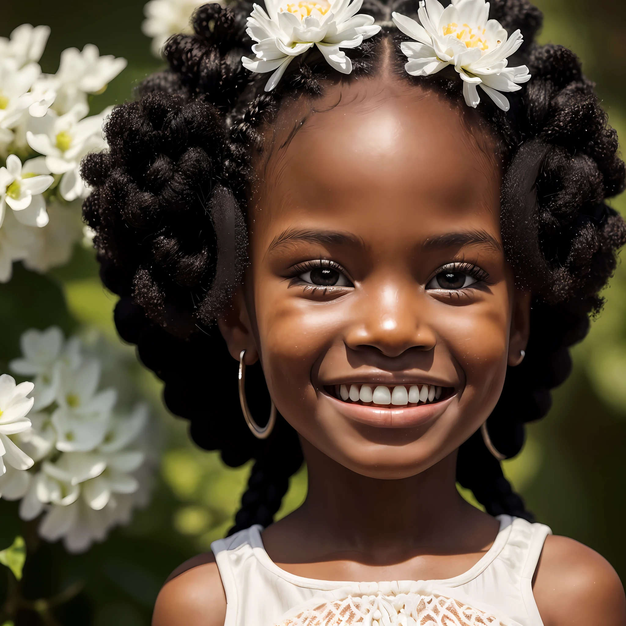 ultra-realistic image, (close-up of the face of a beautiful girl , black:1.3 with braids in her afro hair, white flowers in the hair, graceful smile:1.2, cheerful, deep happiness, intense lighting:1.3 and super detailed, )"