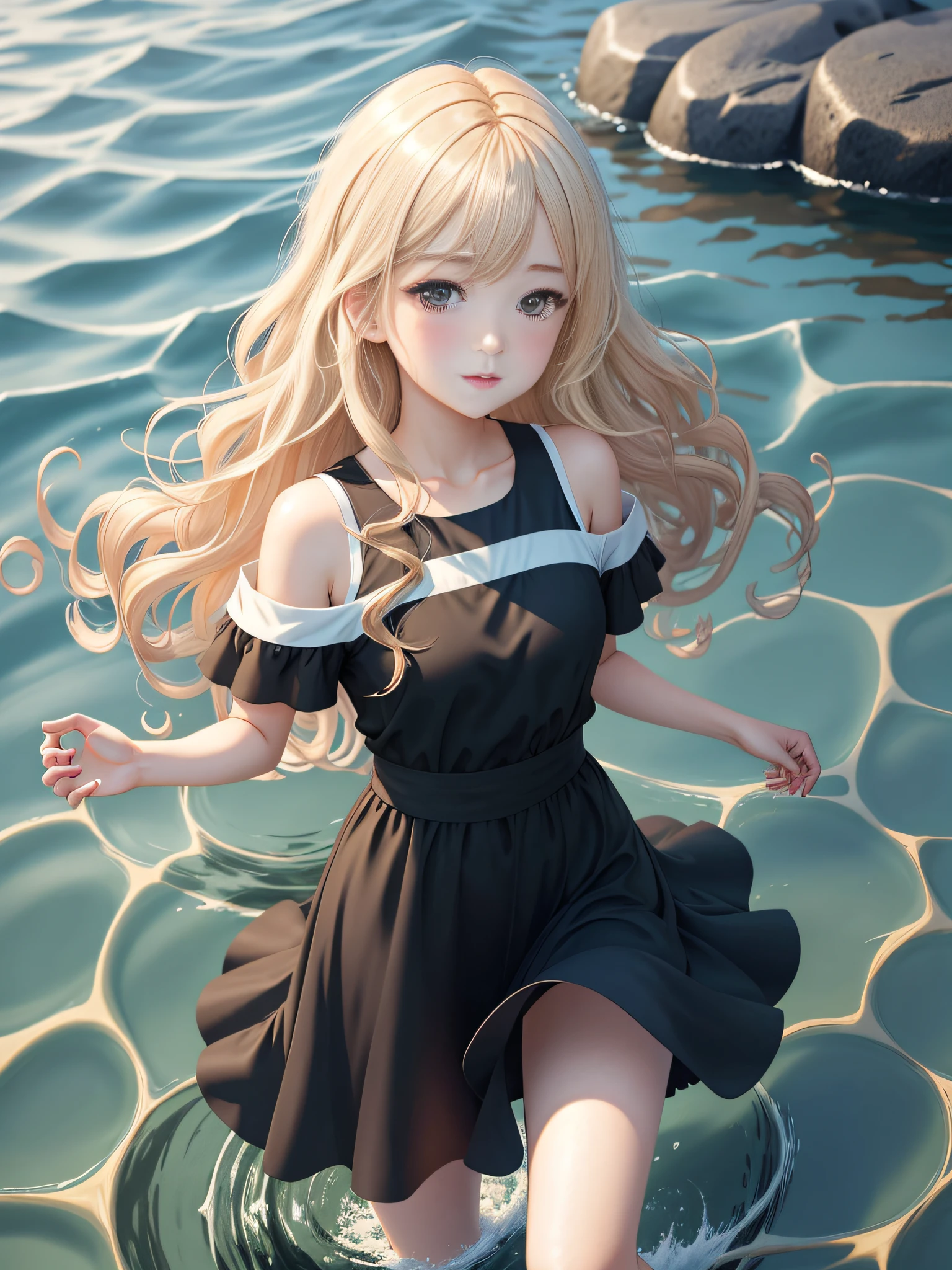 Blonde anime girl with wavy wavy hair to the waist in a black dress back on the water and her reflection in the water is that of a high school girl short hair to the brown neck, Loli in dress, Anime girl walking on water, Lolish, Anime girl in a black dress, Cute anime waifu with a nice dress, Anime girl with an aristocrat costume, Guweiz, Anime Wallaper, Soft anime illustration, Anime background, Loli, high school girl reflected in water, water reflection