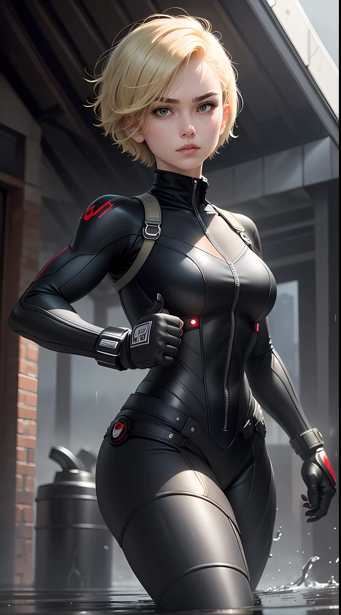 18-year-old girl, upper body, close-up, black widow suit, trousers, (((short hair)), blonde hair, beautiful face, fighting stance, rain, roof, masterpiece, exquisite details, perfect anatomy