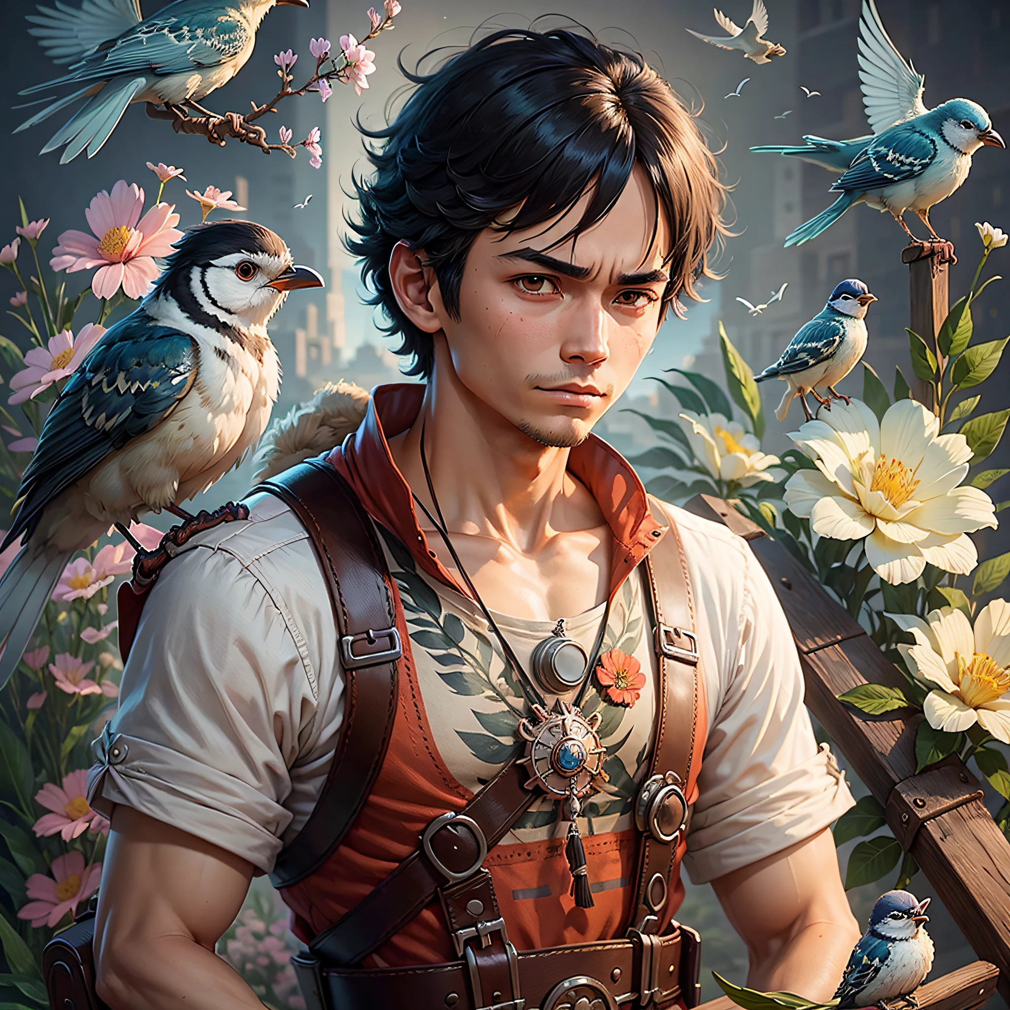 Portrait of an anime man who looks like Luffy by wlop, Ilyukuvshinov, Frank Fraser Tower, Mobius, Reich, Hayao Miyazaki, intricate details, advanced lighting technology, 4k wallpaper, funny color themes, stylized and realistic anatomy and face, anatomy, flowers and birds do hair, flowers and birds do dissection, flowers and birds do hair, flowers and birds do hair --niji --ar 16:9 --auto --s2