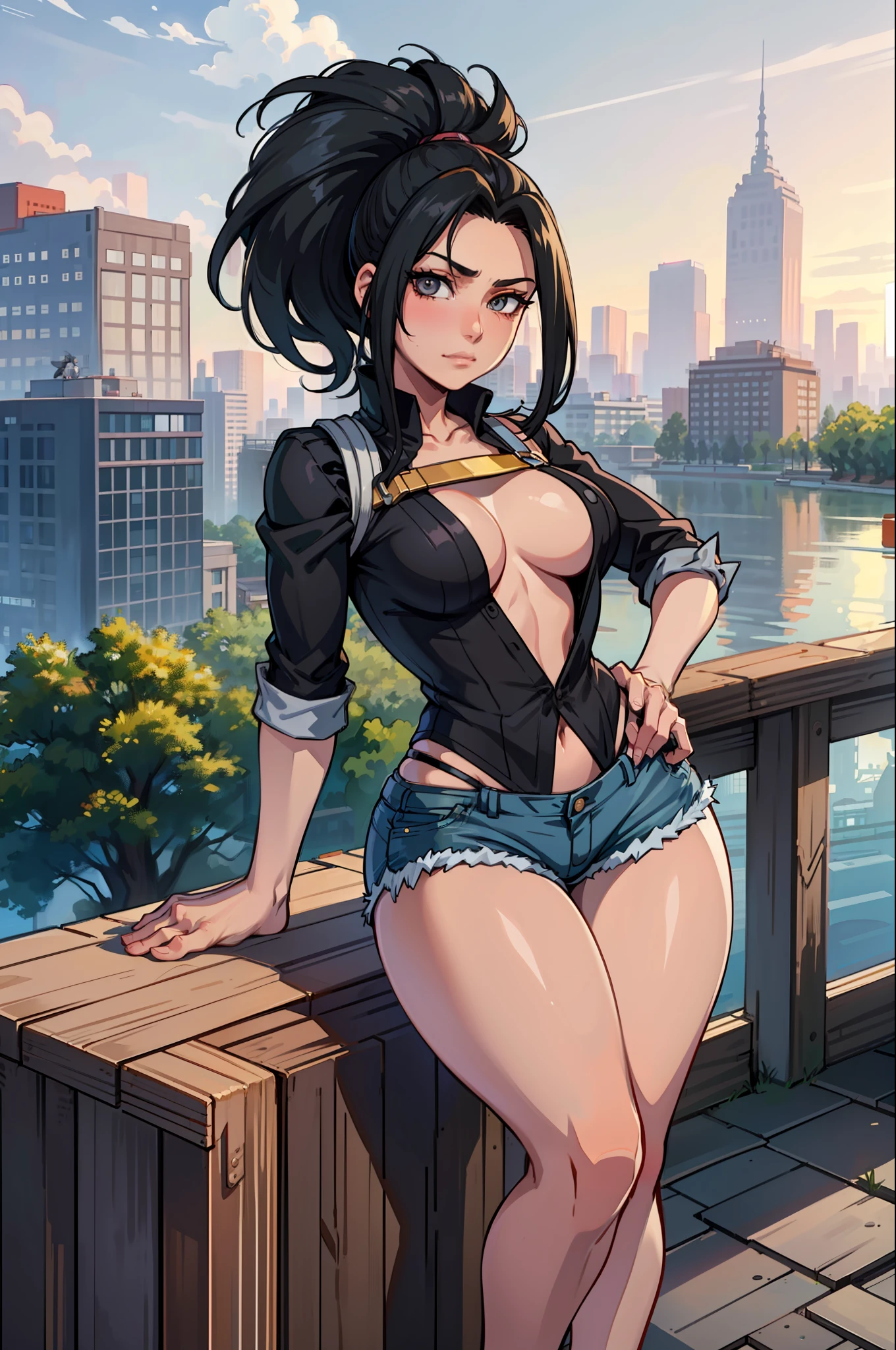 (masterpiece, best quality: 1.2), cowboy shot, solo, 1girl, yaoyorozu momo, anime screencap, city, long hair, black hair, gray eyes, looking at the viewer, lustful, closed mouth, ass, wide hips, short shirt, short shorts, unbuttoned shorts, squatting, legs apart, erotica, front