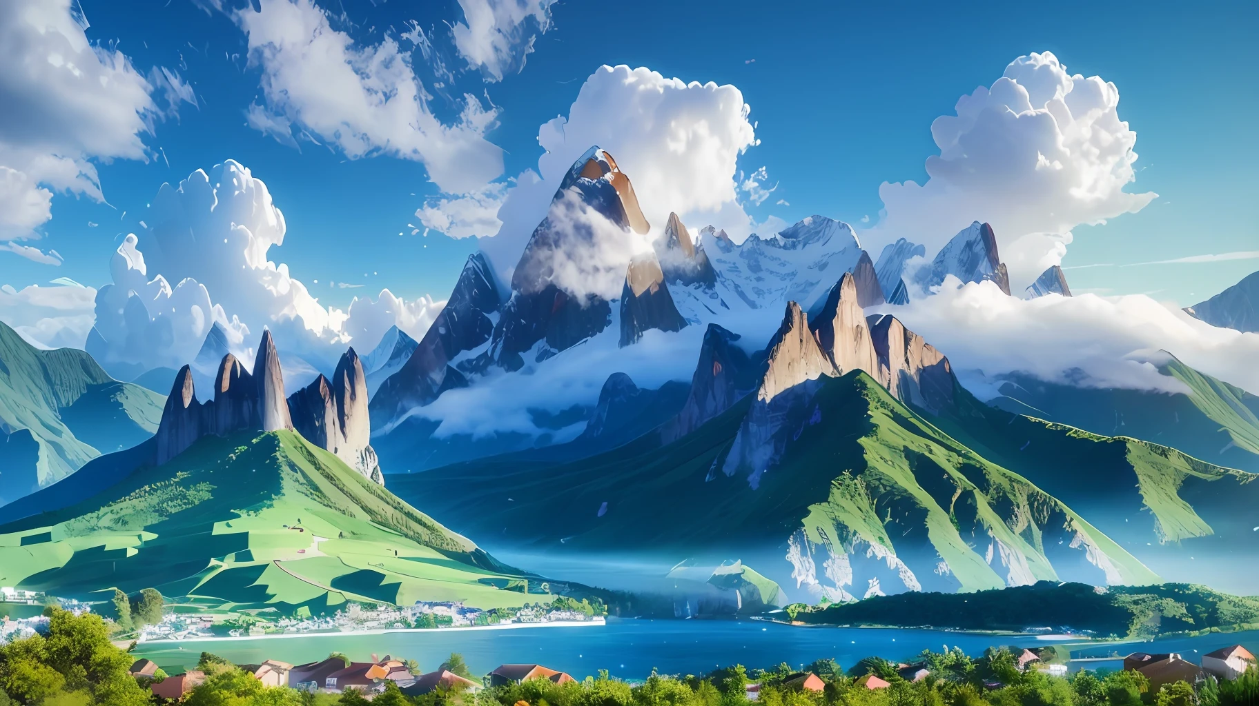 Computer desktop, bright, fantastic atmosphere 8K, colorful clouds, mountains in the distance, landscape map, can see far away, clear, green, there are mountains, eye protection, healing