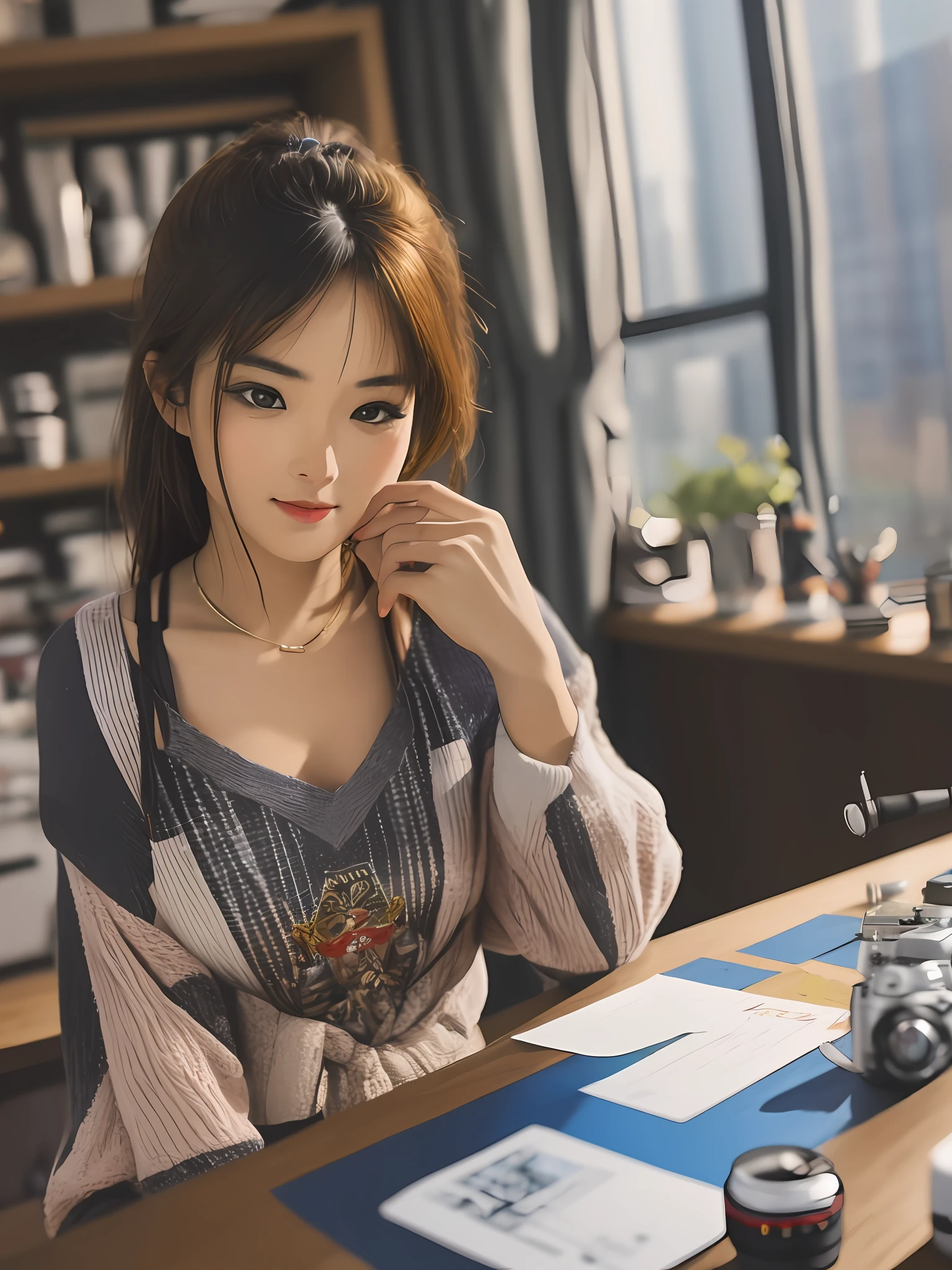 A very beautiful pretty woman sitting at a table working on a work of art, handyman, anamorphic lens 5 0 mm, anamorphic lens 50mm, 3 5 mm f 1. 4 photographs, 8 x 5mm art lenses, Sony A7III, Sony A 7 III, 8mm Sigma art lens, 8 x 5mm Sigma art lenses